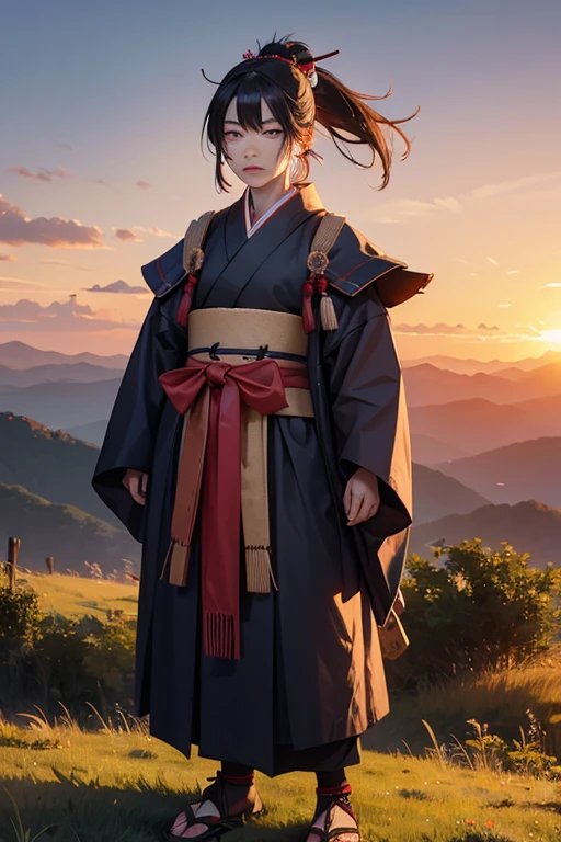 long shot of a middle-aged samurai woman with scars on her face standing on a hill at the sunrise