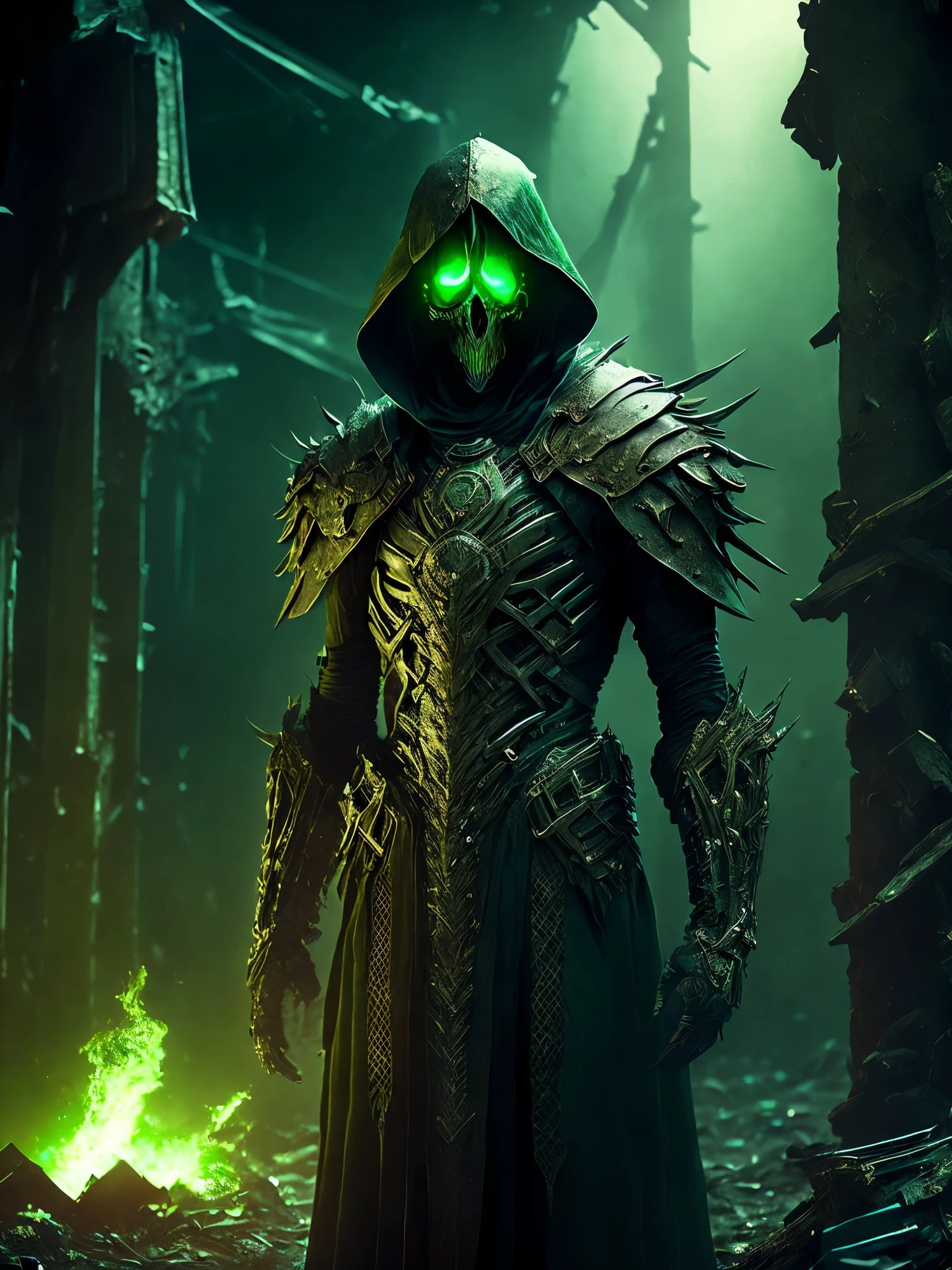 breathtaking cinematic science fiction photo of a full body reaper, metal skin, body full of dirty leather and glowing metrics inside, glowing green eyes, multifaceted eyes, metallic arms, inside a destroyed building, extremely menacing creature, highly detailed, award-winning