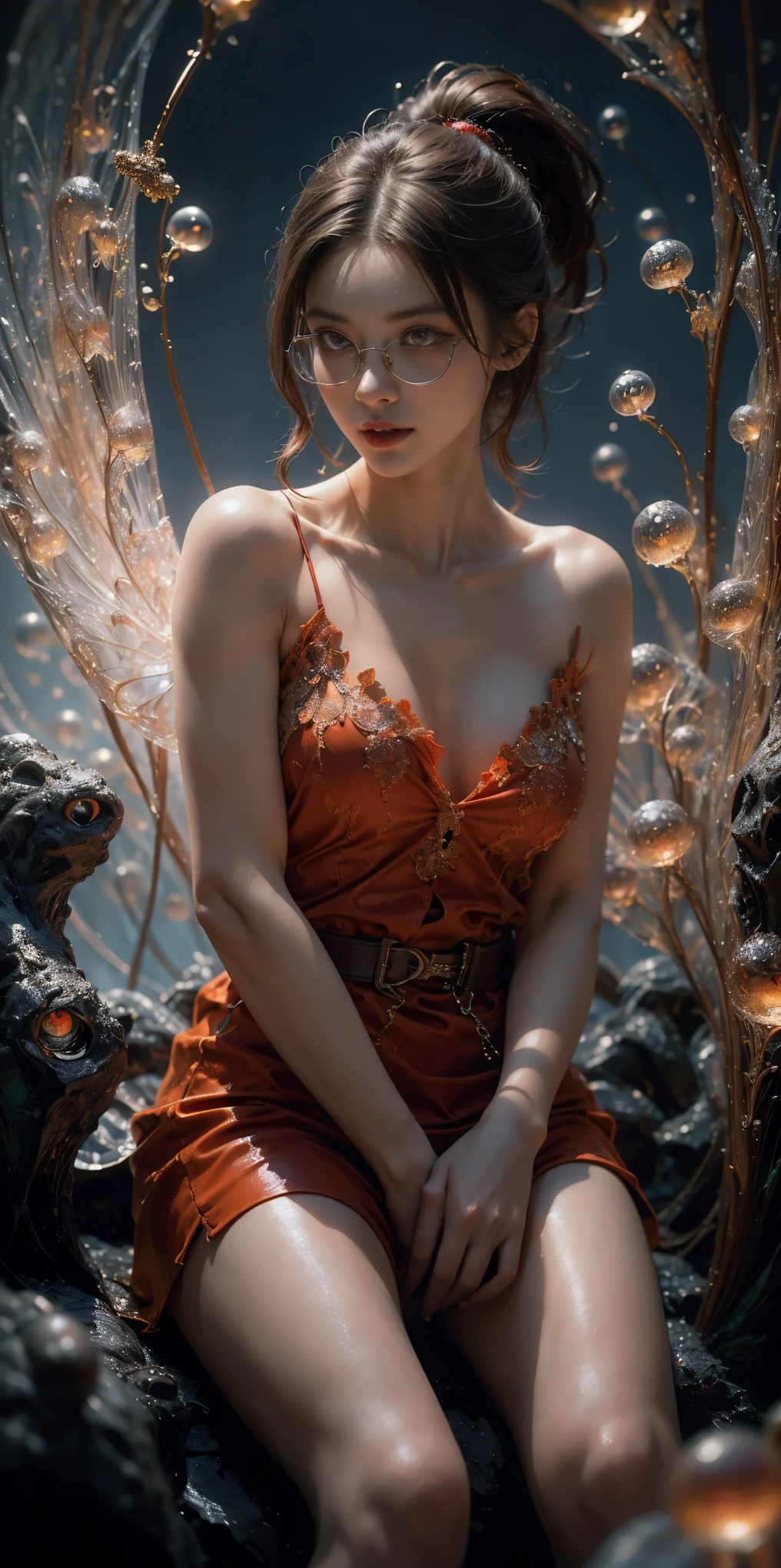 (The best illustrations)、realisitic、ultra-detailliert、The best lighting、Best Shadows、alluring succubus, ethereal beauty, perched on a cloud, (fantasy illustration:1.3), enchanting gaze, captivating pose, delicate wings, otherworldly charm, mystical sky, (Luis Royo:1.2), (Yoshitaka Amano:1.1), Dungeon and Dragon、caves、Dungeon、 A Necromancer、natta、Dark style、Succubus、Devil's Daughter、Bat Wings,(((Demon Hornlack-rimmed round glasses))))、(red eyes glowing:1.6)、beautiful countenance、Tindall Effect、(High Detail Skins:1.2) absurderes、Ponytail distortion、jewely、Beautiful expression、Toned waist、Wide buttocks、Tindall Effectmasuter piece、top-quality、Highest Standards、Top image quality、masutepiece、intricate detailes、High resolution、Depth Field、natural soft light、profetional lighting、Great smile、(High Detail Skin: 1.2)、photorealistic anime girl render、Strong highlights of the eyes、Perfect Anatomy、crotch open、Shy、Spreading your legs、Panties are visible、Skirt flipping、Body shiny with oilerectile nipple))、8K resolution、intricate clothing、Intricate details