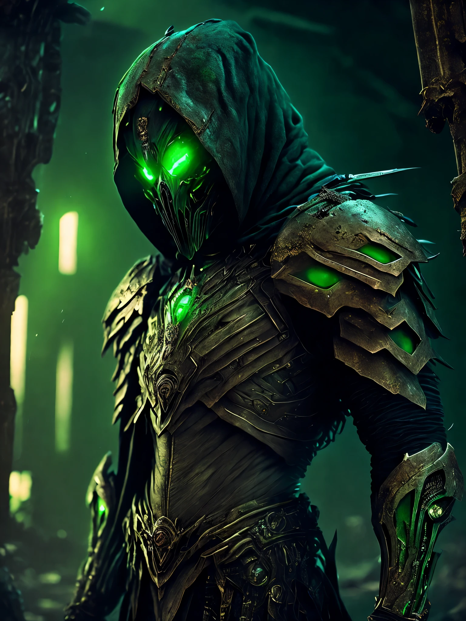 breathtaking cinematic science fiction photo of a full body reaper, metal skin, body full of dirty leather and glowing metrics inside, glowing green eyes, multifaceted eyes, metallic arms, inside a destroyed building, extremely menacing creature, highly detailed, award-winning