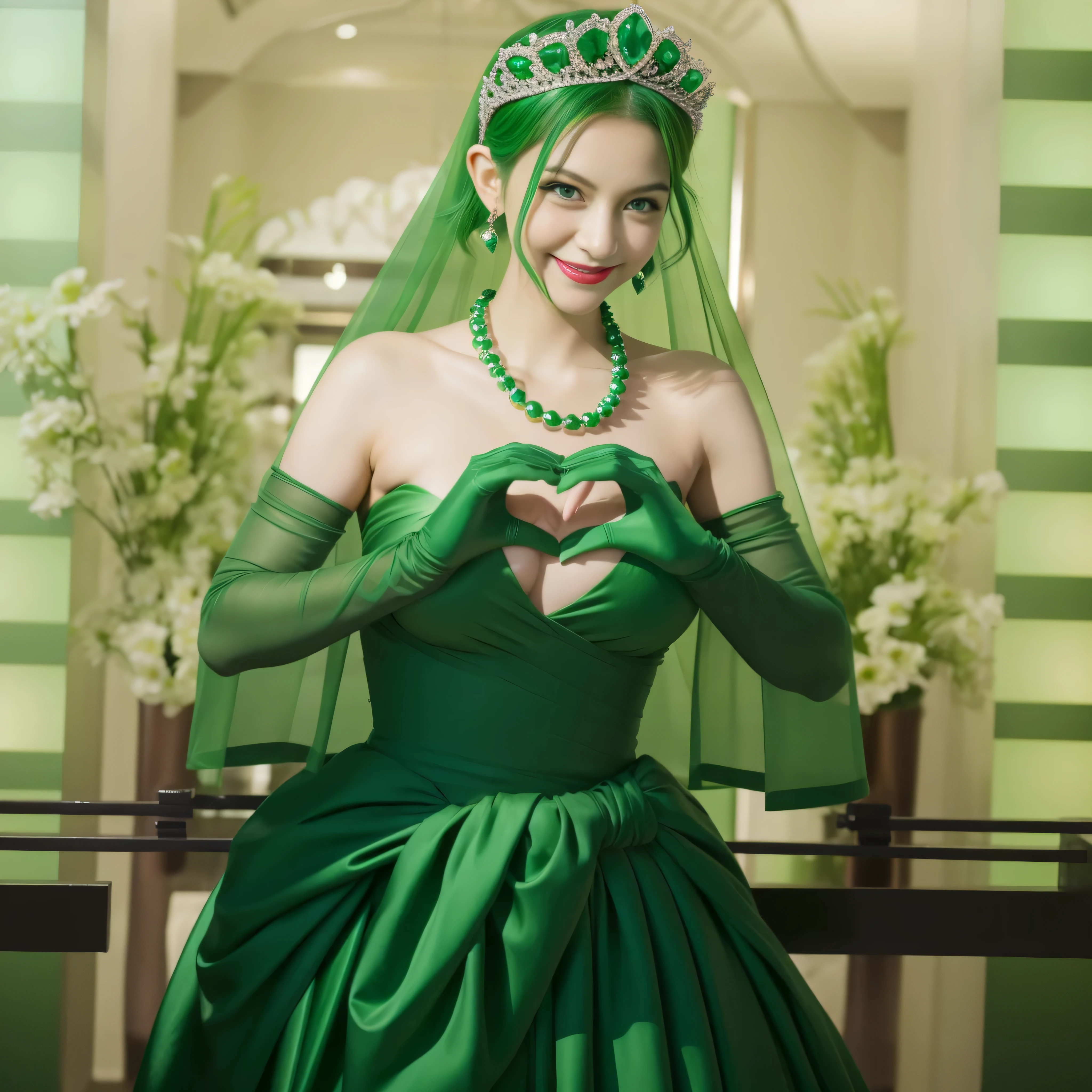 emerald tiara, Green Pearl Necklace, ボーイッシュな非常に短いgreen hair, green lips, smiling Japanese woman, very short hair, Beautiful woman with big breasts, green eyes, green satin long gloves, green eyes, emerald earrings, Green veil, Heart with both hands, green hair, beautiful japanese woman, heart shaped hands:1.3, green lip gloss