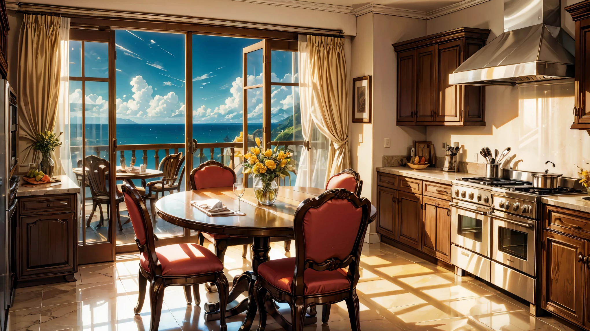 (Masterpiece, Best quality, A high resolution, ultra detailed), large luxury kitchen with sea views, luxury kitchen table, chairs, yellow curtains on the windows, yellow painted refrigerator, stove, microwave oven, toaster, coffee machine, Blender, knife set, Set of cutting boards, spice set, luxurious green service, many colors, panoramic window overlooking the sea, going out on the balcony,