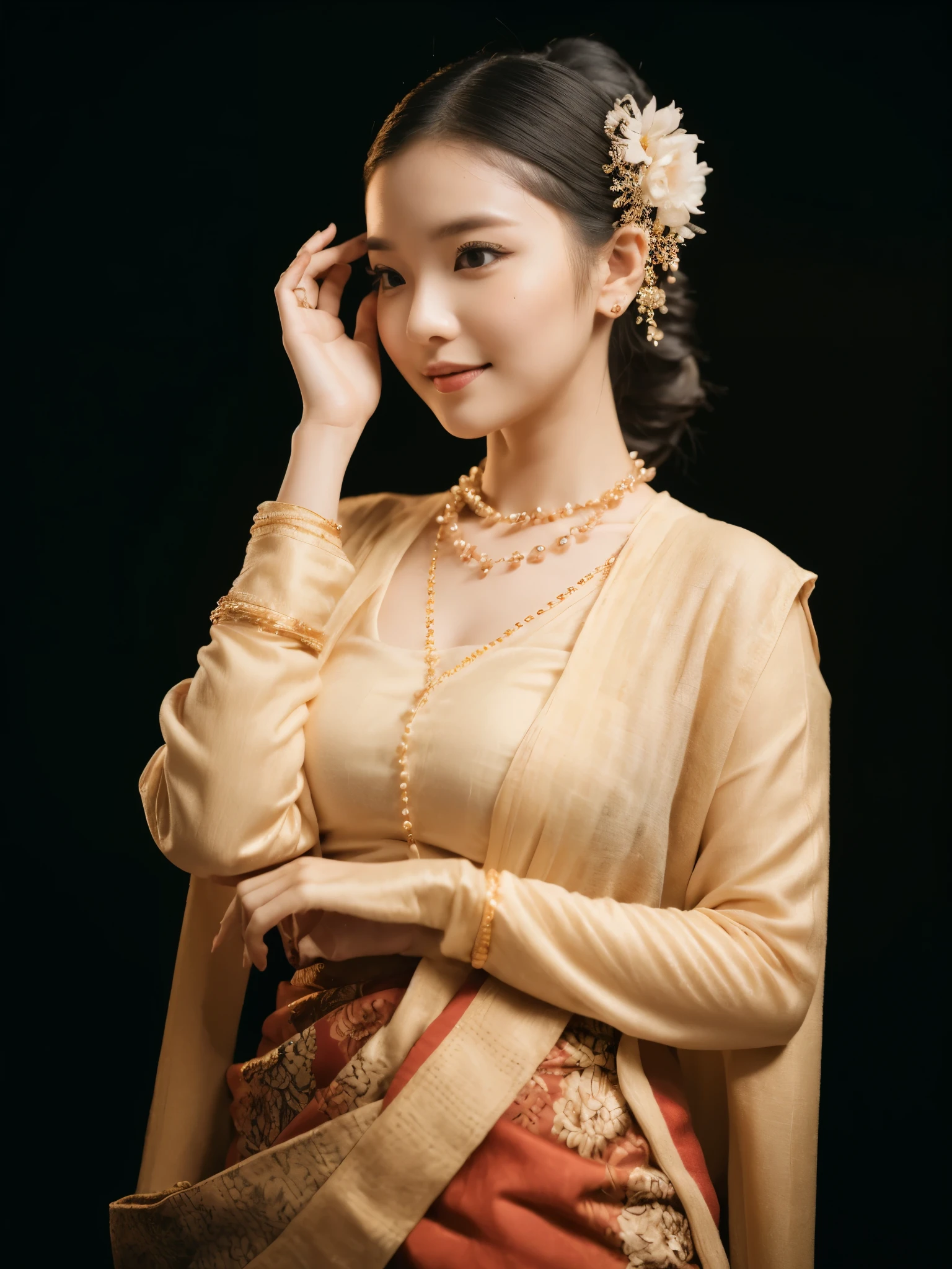 (best quality,4k,8k,highres,masterpiece:1.2),ultra-detailed,(realistic,photorealistic,photo-realistic:1.37),stunning Burmese Red traditional dress lady, MMTD Red BURMESE PATTERNED TRADITIONAL DRESS , WEAR PEARL NECKLACES,FULL BODY DETAILS BEAUTY, Red Dress, beautifully adorned, eye-catching brocade patterns, rich and vibrant colors, detailed embroidery work, exquisite textures, meticulously handcrafted dress, vividly captures the essence of Burmese culture,traditional floral motifs, black single bun hair with flower, intricately arranged hairpiece, delicate and feminine, adds a touch of sophistication, soft yet confident expression, deep and captivating eyes, lustrous lips with a hint of a smile, flawless complexion, polished and refined, mesmerizing presence, black background , good lighting, studio lighting, immersive visual experience, full body photoshoot, perfect body, perfect hands, big bust, big hip, fullbody, RED colored Dress.