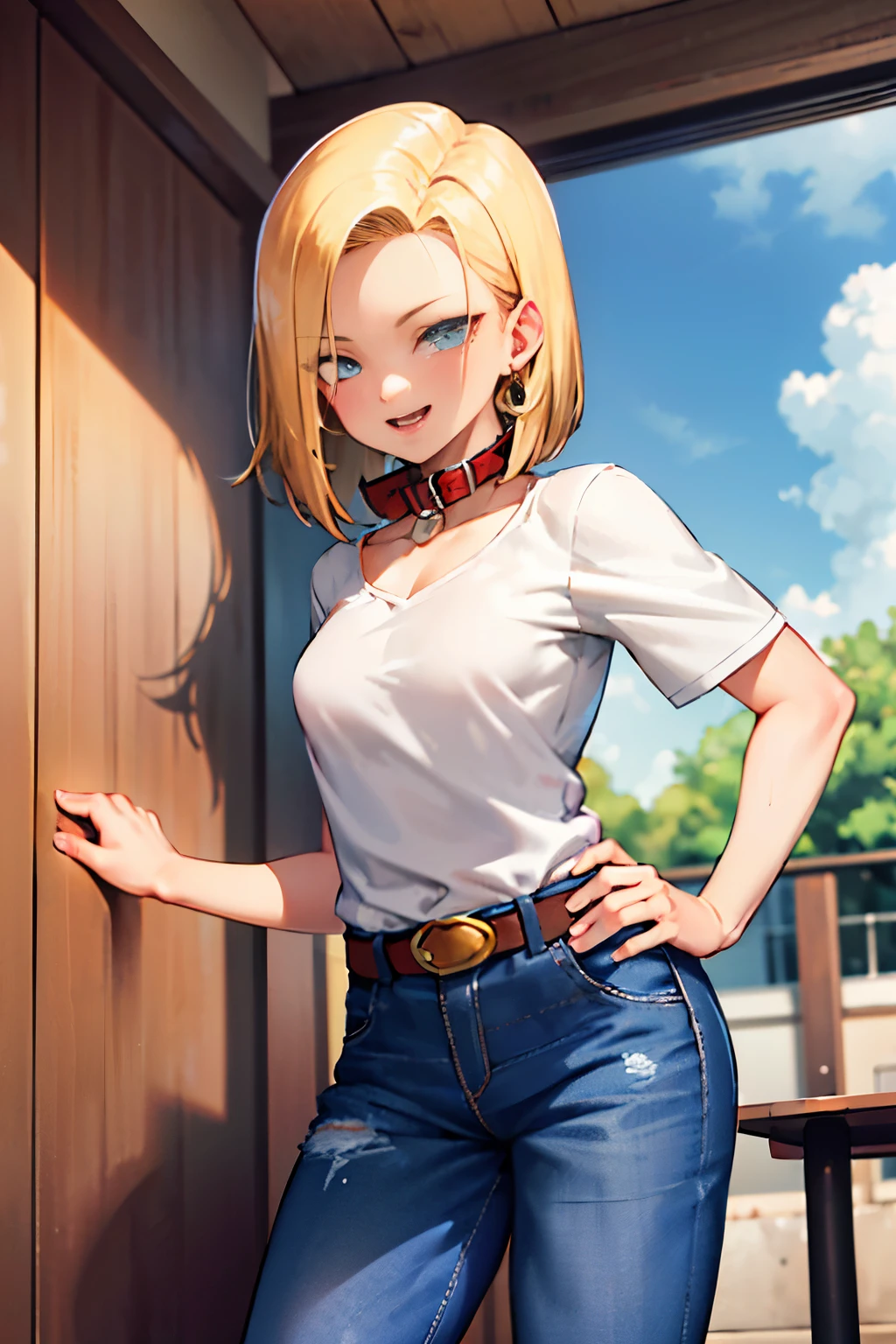 Obra maestra, Mejor calidad, ultra detallado, absurdos, retrato de la hermosa Android18DB, solo, pendientes, joyas, denim, sonrisa, belt, chaleco, nube, cielo, day, pantalones, al aire libre, guantes, Collar, vaqueros, roca, session, session_en_roca, Volumetric lighting, Mejor calidad, Obra maestra, detalles intrincados, tenemapping, Sharp focus, hiper detallado, trending en Artstatien, NSFW , hentai