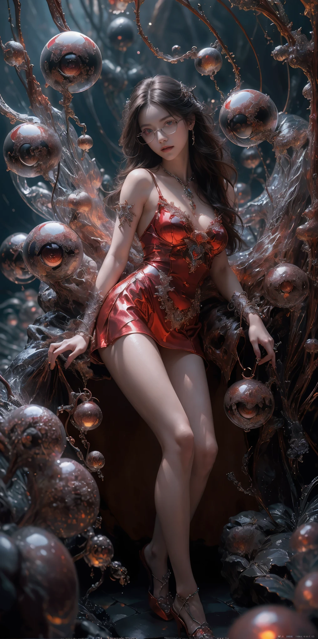 (The best illustrations)、realisitic、ultra-detailliert、The best lighting、Best Shadows、alluring succubus, ethereal beauty, perched on a cloud, (fantasy illustration:1.3), enchanting gaze, captivating pose, delicate wings, otherworldly charm, mystical sky, (Luis Royo:1.2), (Yoshitaka Amano:1.1), Dungeon and Dragon、caves、Dungeon、 A Necromancer、natta、Dark style、Succubus、Devil's Daughter、Bat Wings,(((Demon Hornlack-rimmed round glasses))))、(red eyes glowing:1.6)、beautiful countenance、Tindall Effect、(High Detail Skins:1.2) absurderes、Ponytail distortion、jewely、Beautiful expression、Toned waist、Wide buttocks、Tindall Effectmasuter piece、top-quality、Highest Standards、Top image quality、masutepiece、intricate detailes、High resolution、Depth Field、natural soft light、profetional lighting、Great smile、(High Detail Skin: 1.2)、photorealistic anime girl render、Strong highlights of the eyes、Perfect Anatomy、crotch open、Shy、Spreading your legs、Panties are visible、Skirt flipping、Body shiny with oilerectile nipple))、8K resolution、intricate clothing、Intricate details