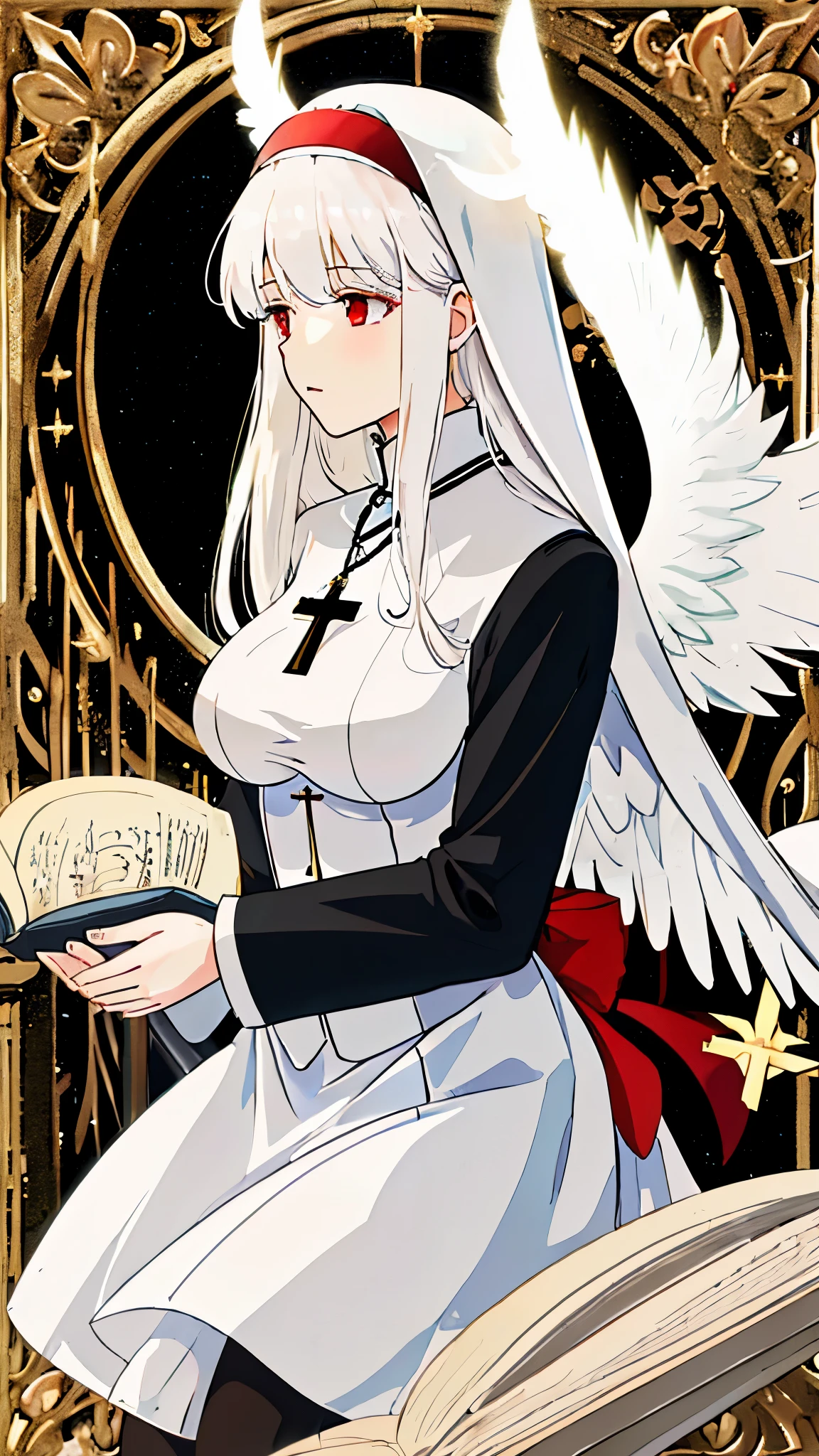White hair, French baret, nun, exposed breasts, medium sized breast, 19 years old, prays, cross necklace, close portrait, cute anime girl, red eyes, white angel wings, praying, holds golden staff, black panties, skirt, upskirt,