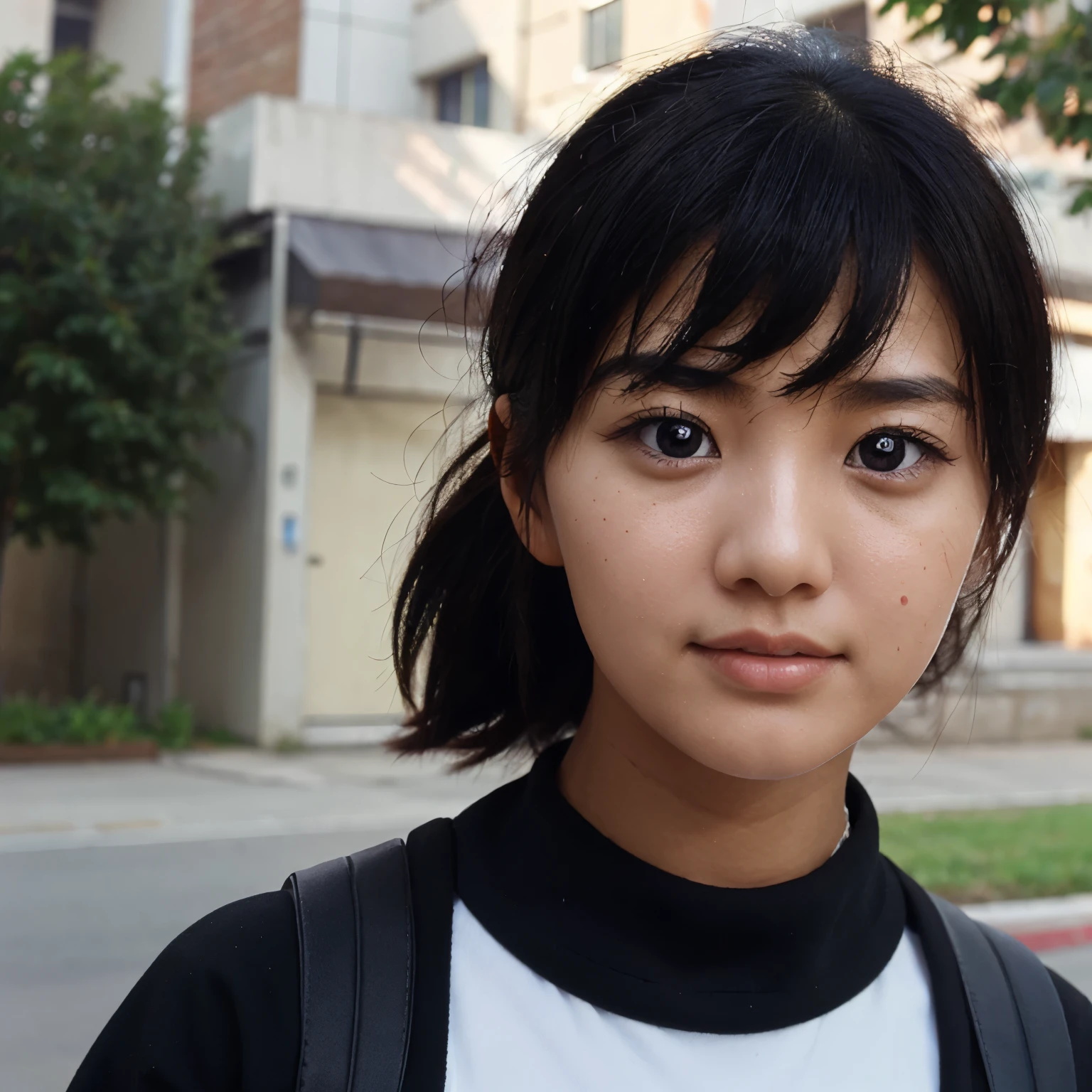 The face is of a Chinese girl wearing  school uniform and Skirt black hair brown eyes 