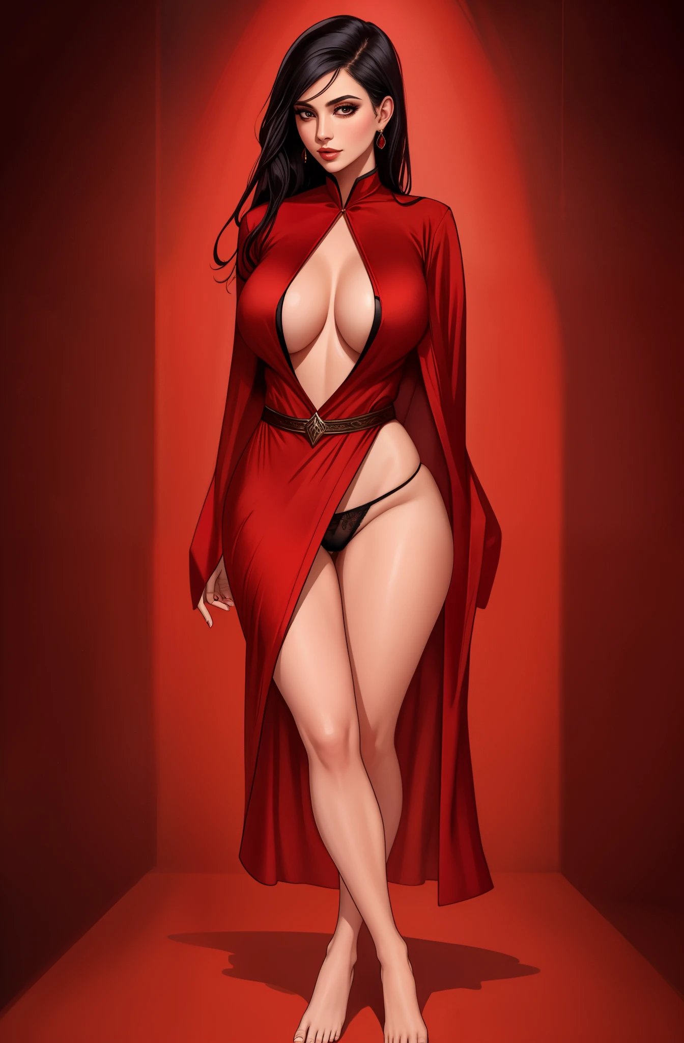 sorceress. sexy red robe, black panties, black hair, blank background