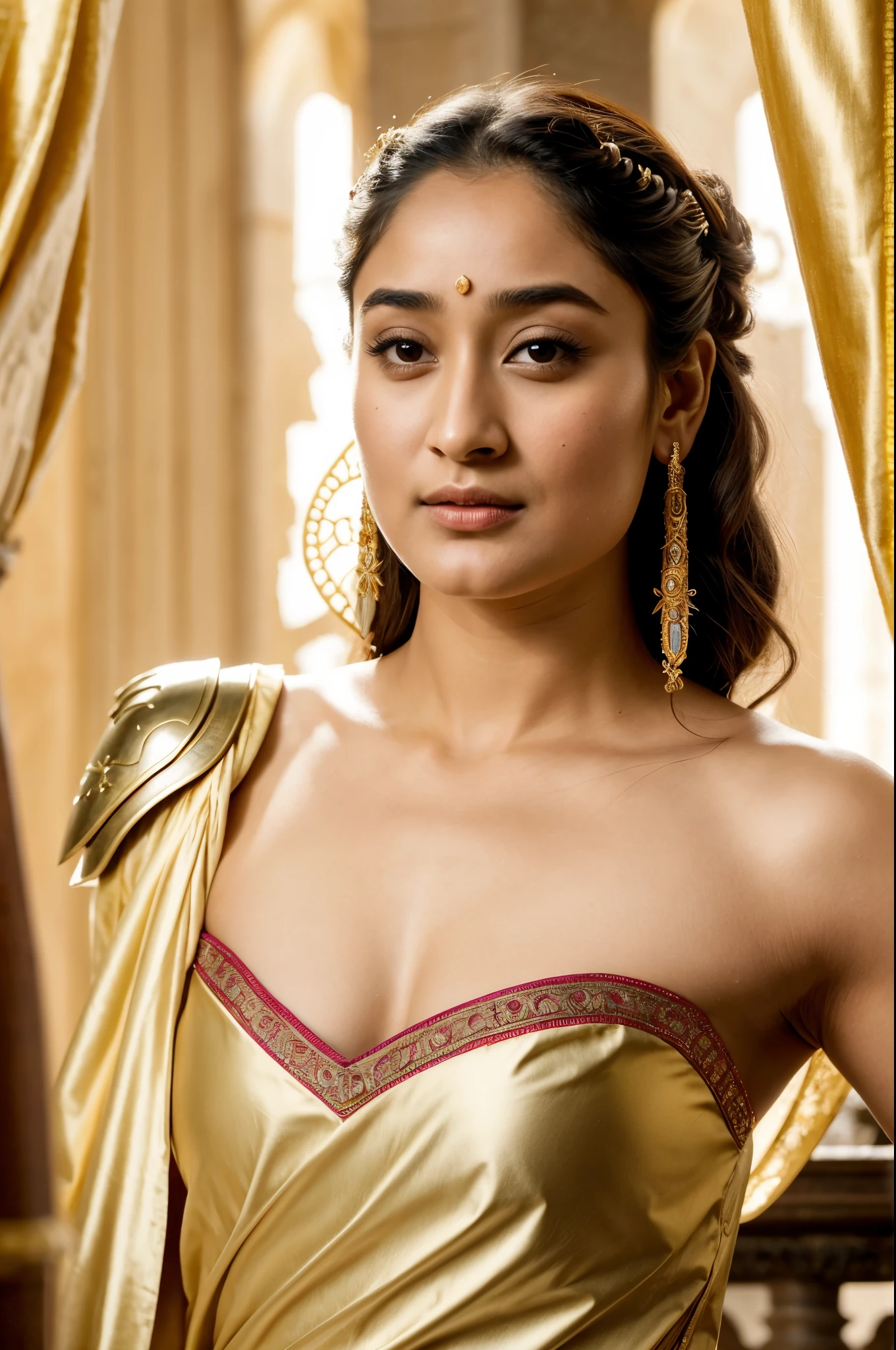 Looks Like Actress Tridha Chaudhary , "Design an illustration of a stunning and powerful warrior queen with a regal presence. Provocative figure, She should possess a combination of strength and grace. Imagine her in ornate, yet practical armor that complements her figure. The armor should be adorned with intricate details and symbols representing her royal lineage and warrior prowess. Her weapon of choice could be a unique and elegant sword or a mythical weapon that reflects her status as a formidable leader.
Her facial features should exude confidence and determination, with piercing eyes that convey both fierceness and wisdom. The queen's hair, whether long or short, should flow dynamically, hinting at her movement in battle. Consider incorporating elements that emphasize her connection to nature or a mythical realm, such as ethereal backgrounds, symbolic animals, or mystical symbols.
Pay attention to the color palette; use rich, bold colors that enhance her royal aura. Experiment with lighting to highlight specific details and create a sense of drama. Ensure that her posture and expression capture the essence of a queen who commands respect and admiration. Feel free to draw inspiration from historical warrior queens or fictional characters, blending elements to create a unique and captivating image.", intricate, flawless, skin texture, skin pores, hairy armpits,