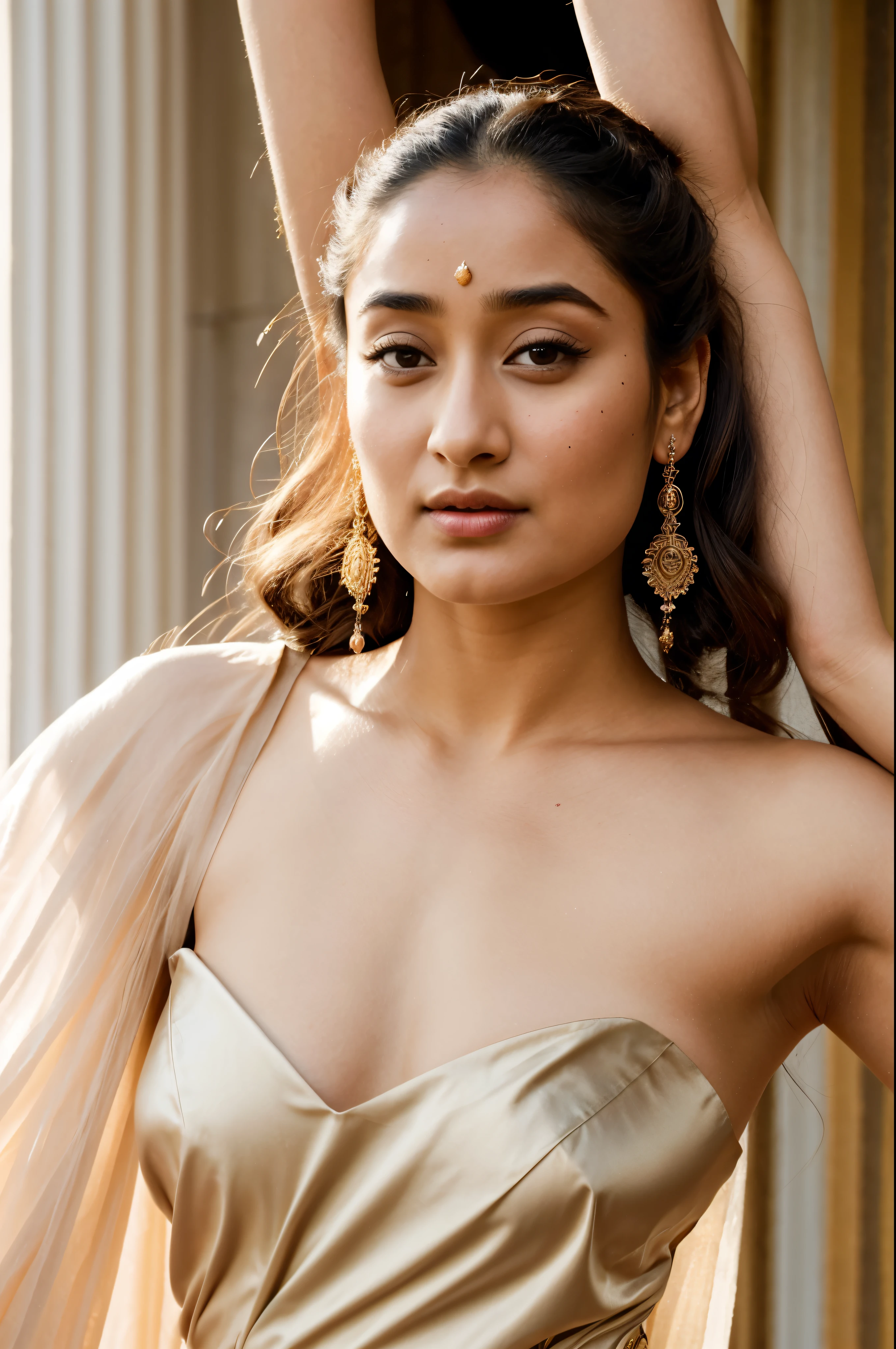 Looks Like Actress Tridha Chaudhary , "Design an illustration of a stunning and powerful warrior queen with a regal presence. Provocative figure, She should possess a combination of strength and grace. Imagine her in ornate, yet practical armor that complements her figure. The armor should be adorned with intricate details and symbols representing her royal lineage and warrior prowess. Her weapon of choice could be a unique and elegant sword or a mythical weapon that reflects her status as a formidable leader.
Her facial features should exude confidence and determination, with piercing eyes that convey both fierceness and wisdom. The queen's hair, whether long or short, should flow dynamically, hinting at her movement in battle. Consider incorporating elements that emphasize her connection to nature or a mythical realm, such as ethereal backgrounds, symbolic animals, or mystical symbols.
Pay attention to the color palette; use rich, bold colors that enhance her royal aura. Experiment with lighting to highlight specific details and create a sense of drama. Ensure that her posture and expression capture the essence of a queen who commands respect and admiration. Feel free to draw inspiration from historical warrior queens or fictional characters, blending elements to create a unique and captivating image.", intricate, flawless, skin texture, skin pores, hairy armpits,