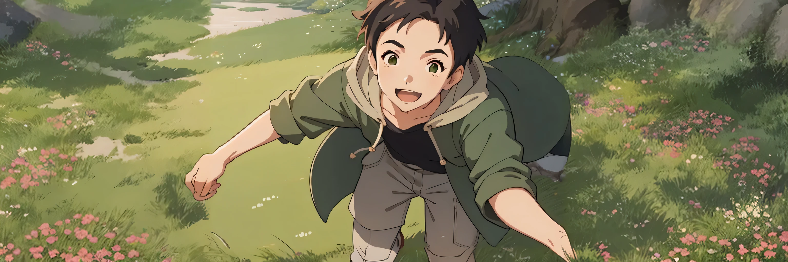 ghibli art style, grassy, puddle, flowers, nature