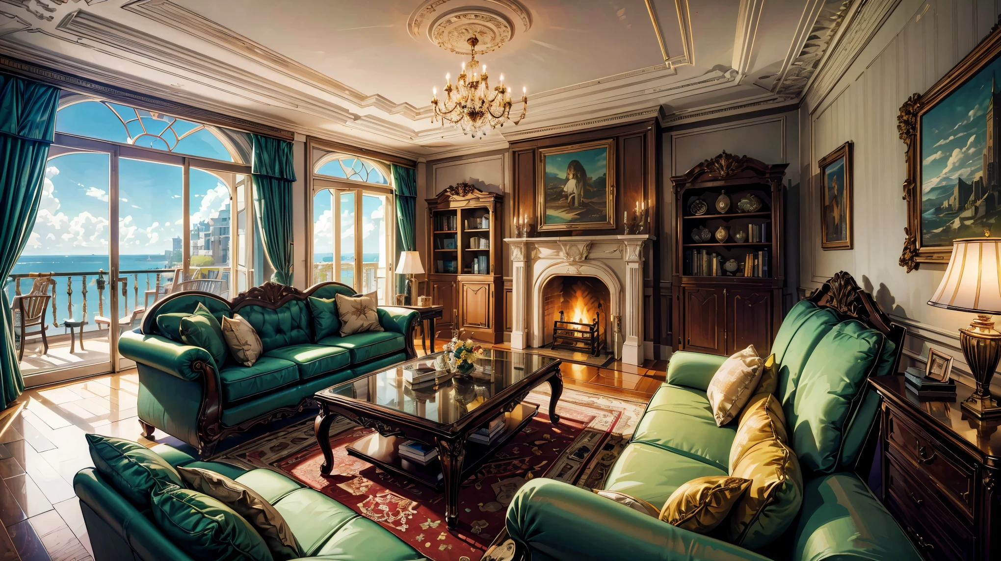 (Masterpiece, Best quality, A high resolution, ultra detailed), large luxurious living room overlooking the sea, luxury coffee table, yellow curtains on the windows, luxury green sofa, luxurious green armchairs, TV on the wall, bookshelf, fluffy carpet on the floor, a fireplace, many colors, panoramic window overlooking the sea, going out on the balcony