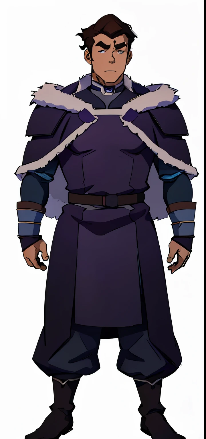 Bolin, traditional water tribe armor, outfit, long sleeve, fur around the collars and shoulders , A purple uniform cloth coat with blue long sleeves

A deep blue uniform cloth pants

A pair of dark grey leather arm bands with brown border

A dark grey leather choker with buttons

A purple uniform cloth girdle