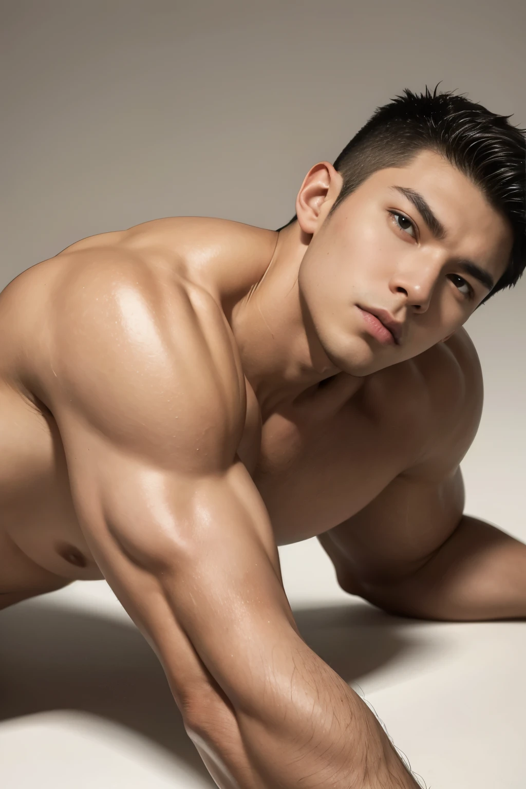 full length picture of a young muscular man lying on the floor and looking into the camera with a serious expression on his face. on a white background,Masterpiece,8K