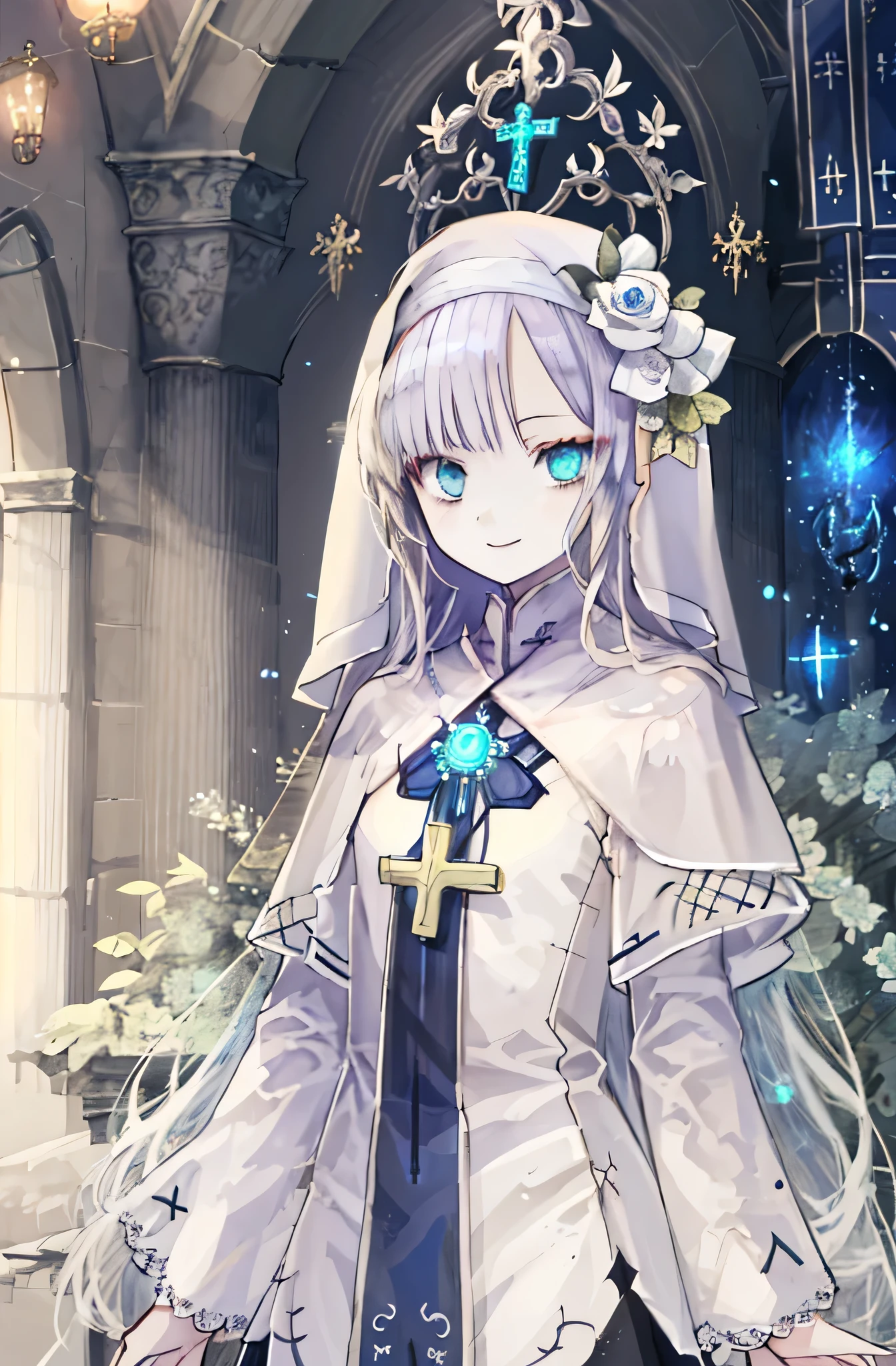 [(with a cathedral background:1.4)::5],original,(shape:1.1),(highest quality),(table top:1.1),(Highly detailed CG Unity 8k wallpaper:1.1), (colorful:0.9),(mid shot:0.95),(非常に詳細なbeautiful faceと目),(alone:1.2), (girl),(((adult))), (detailed beautiful eyes:1.15), (beautiful face:1.15), (shining blue eyes:1.25////),(purple long hair),(+perfect hands+:1.21),(Draw an illustration of a holy nun costume girl),(religious),(thin),(wearing fantasy clothes),20-year-old,(white ruffles),(Holy Summoner),(contempt and contempt),dark,smile,(Slender beauty),((adult)),((girlが祈っている)),((with a cathedral background)),Upper body,adult,adult,