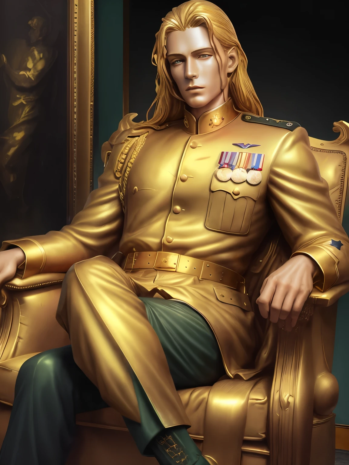 statue made of solid gold, male in armchair, military uniform