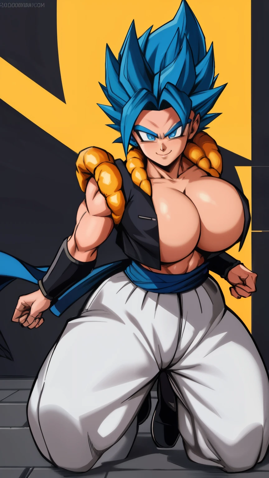  RAW photo, (high detailed skin, detailed eyes:1.1), intricate details, best quality, 8k uhd, soft lighting, Gogeta, breasts, (female:1.2), 1girl, yellow vest, black wristbands, dougi, smile, blue hair, 1 hair bang, super saiyan blue, blue eyes, no shirt, large breasts, wide hips, curvy, thin waist, white silky pants, dark shoes, fighting pose