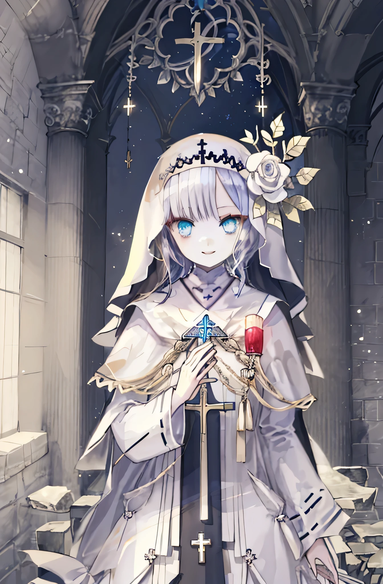 [(with a cathedral background:1.4)::5],original,(shape:1.1),(highest quality),(table top:1.1),(Highly detailed CG Unity 8k wallpaper:1.1), (colorful:0.9),(mid shot:0.95),(非常に詳細なbeautiful faceと目),(alone:1.2), (girl),(((adult))), (detailed beautiful eyes:1.15), (beautiful face:1.15), (shining blue eyes:1.25////),(purple long hair),(+perfect hands+:1.21),(Draw an illustration of a holy nun costume girl),(religious),(thin),(wearing fantasy clothes),20-year-old,(white ruffles),(Holy Summoner),(contempt and contempt),dark,smile,(Slender beauty),((adult)),((girlが祈っている)),((with a cathedral background)),Upper body,adult,adult,