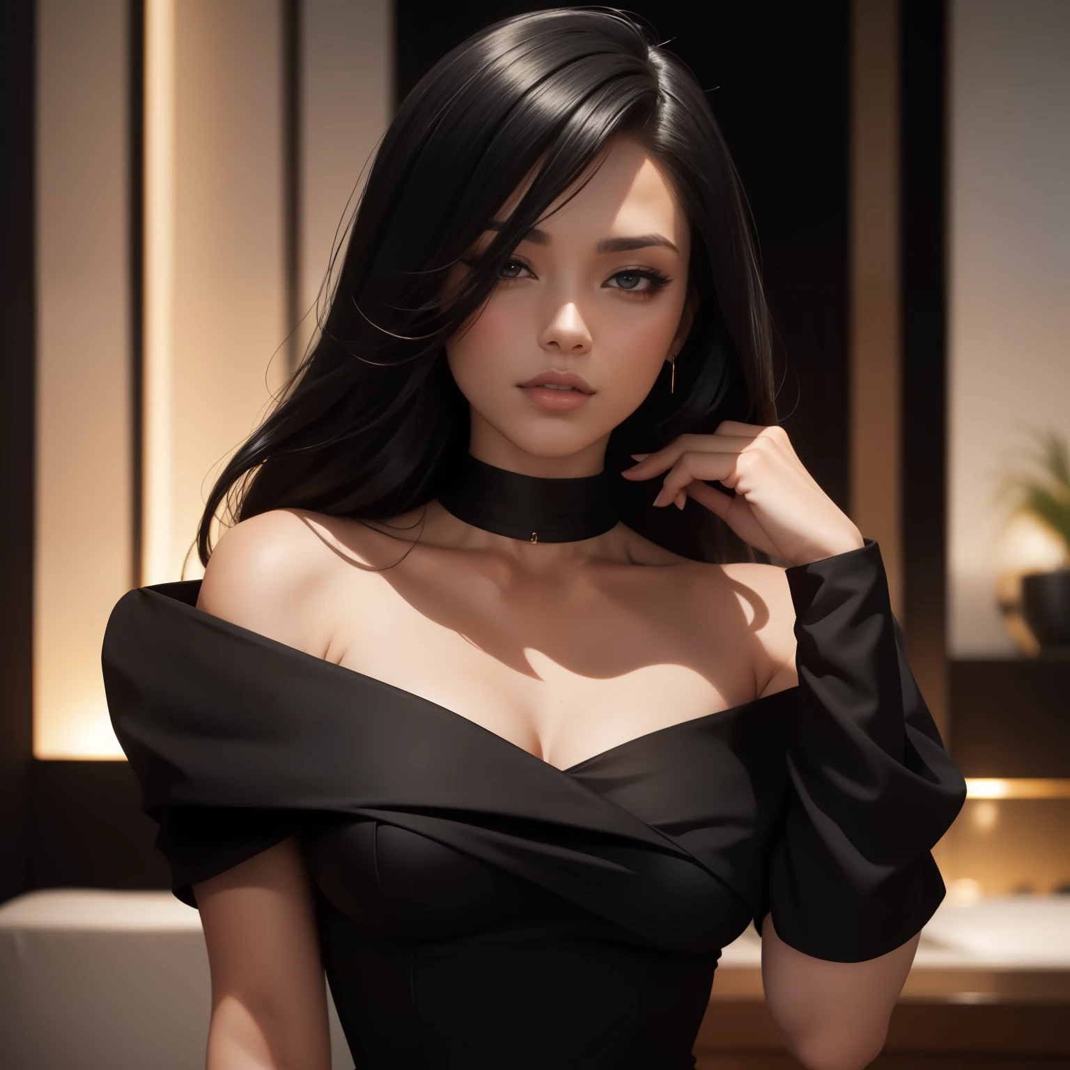 Sexy femme fatale steals the show in a sleek black off shoulder bodycon.