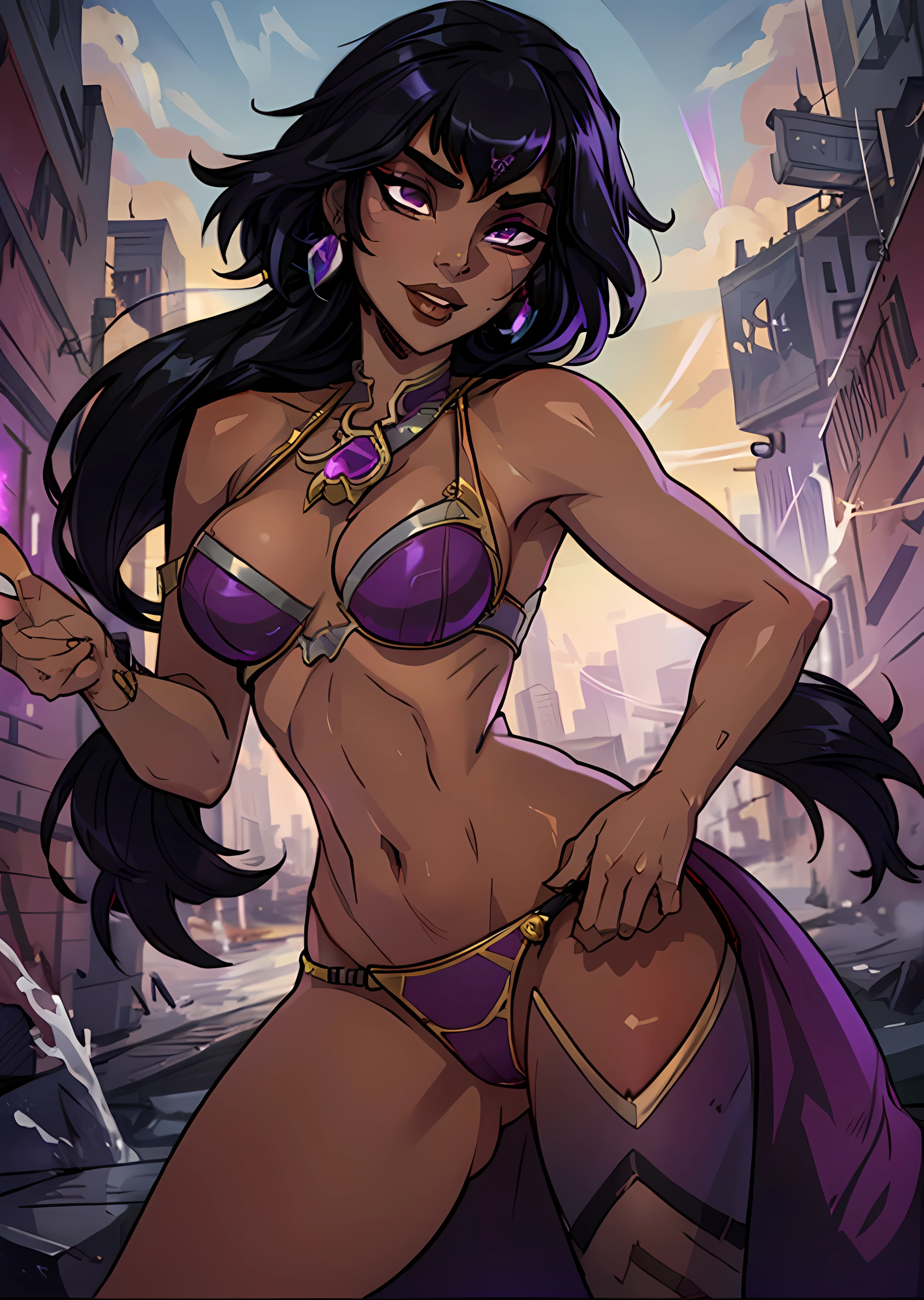 masterpiece, best quality, purple eyes, nilah \(league of legends\), 1girl, black hair, face portrait
