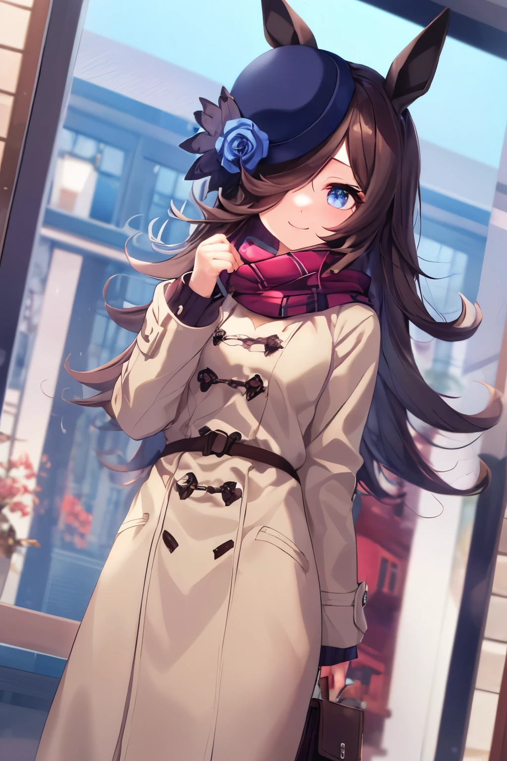 (table top.highest quality).(dynamic angle). (CG painting with very impressive details),(perfect image)、solo girl、comic strip.figure.1 girl.detailed face、perfect face.delicate face、girl in delicate winter clothes、((Brown length coat))、rough skin、black hair.length、(Umamimi girl)Umamimi girl、((beautiful blue eyes)).delicate and beautiful eyes、detailed eyes、reflected eyes、Watery eye、smile.(wearing cute winter clothes:1.3).(Scarf:0.8)、autumn sky、8k wallpaper、cowboy shot、reflected light、most detailed、Complex、delicate background、rough skin、fine skin、(super resolution)、(solo girl)