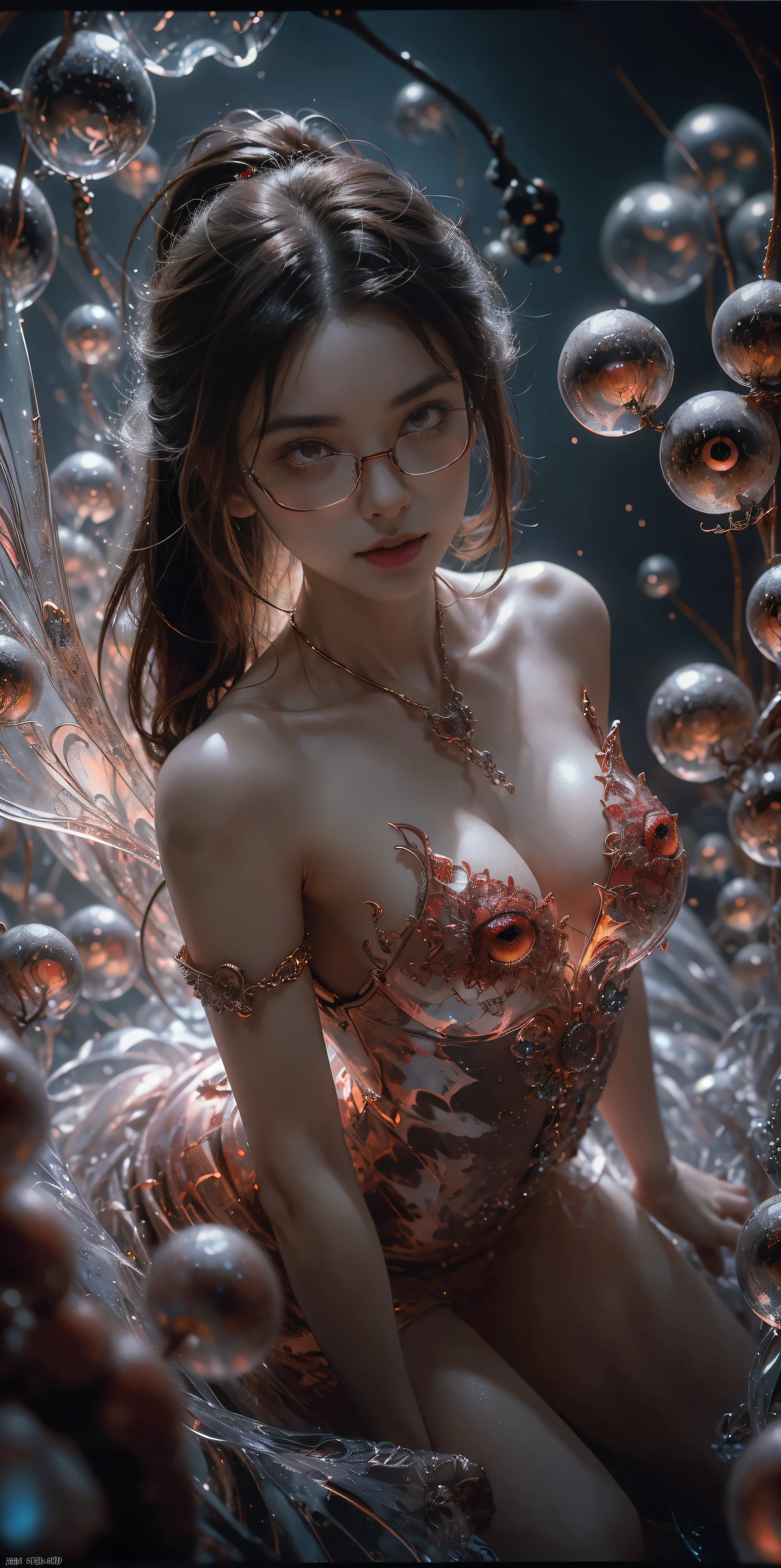 (The best illustrations)、realisitic、ultra-detailliert、The best lighting、Best Shadows、alluring succubus, ethereal beauty, perched on a cloud, (fantasy illustration:1.3), enchanting gaze, captivating pose, delicate wings, otherworldly charm, mystical sky, (Luis Royo:1.2), (Yoshitaka Amano:1.1), Dungeon and Dragon、caves、Dungeon、 A Necromancer、natta、Dark style、Succubus、Devil's Daughter、Bat Wings,(((Demon Hornlack-rimmed round glasses))))、(red eyes glowing:1.6)、beautiful countenance、Tindall Effect、(High Detail Skins:1.2) absurderes、Ponytail distortion、jewely、Beautiful expression、Toned waist、Wide buttocks、Tindall Effectmasuter piece、top-quality、Highest Standards、Top image quality、masutepiece、intricate detailes、High resolution、Depth Field、natural soft light、profetional lighting、Great smile、(High Detail Skin: 1.2)、photorealistic anime girl render、Strong highlights of the eyes、Perfect Anatomy、crotch open、Shy、Spreading your legs、Panties are visible、Skirt flipping、Body shiny with oilerectile nipple))、8K resolution、intricate clothing、Intricate details