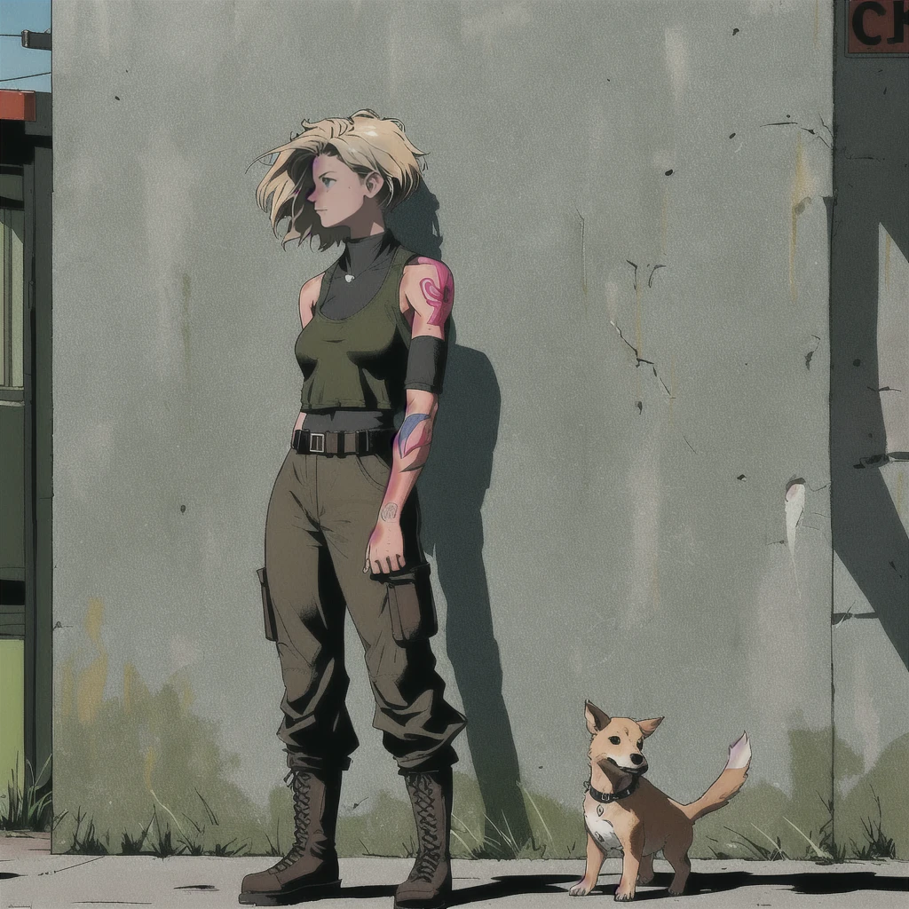 dark sci-fi, A military woman with short blond hair, adorned in a shoulderless top and long cargo pants that are tightly fitted to her athletic figure. Her skin is bronzed from hours spent training in the sun, and her arms are covered in a variety of tattoos that tell stories of her life and experiences. She wears military boots that click against the concrete as she confidently strides down the street. The low walls along the way are scrawled with colorfull graffiti, some political, some artistic, but she pays them no mind as she has seen it all before. A small dog, likely a stray, looks up at her curiously as she passes by. The sky above is filled with stars and constellations that are unfamiliar to her, as she has spent most of her life on foreign soil. Despite this, she carries herself with an air of pride and determination that speaks volumes about her character and the life she has chosen. comic book style,