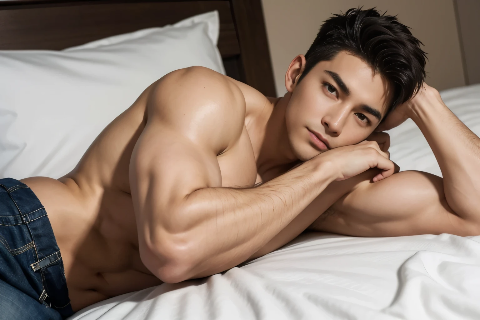 Handsome, muscular young man laying on the bed, resting on his elbow,