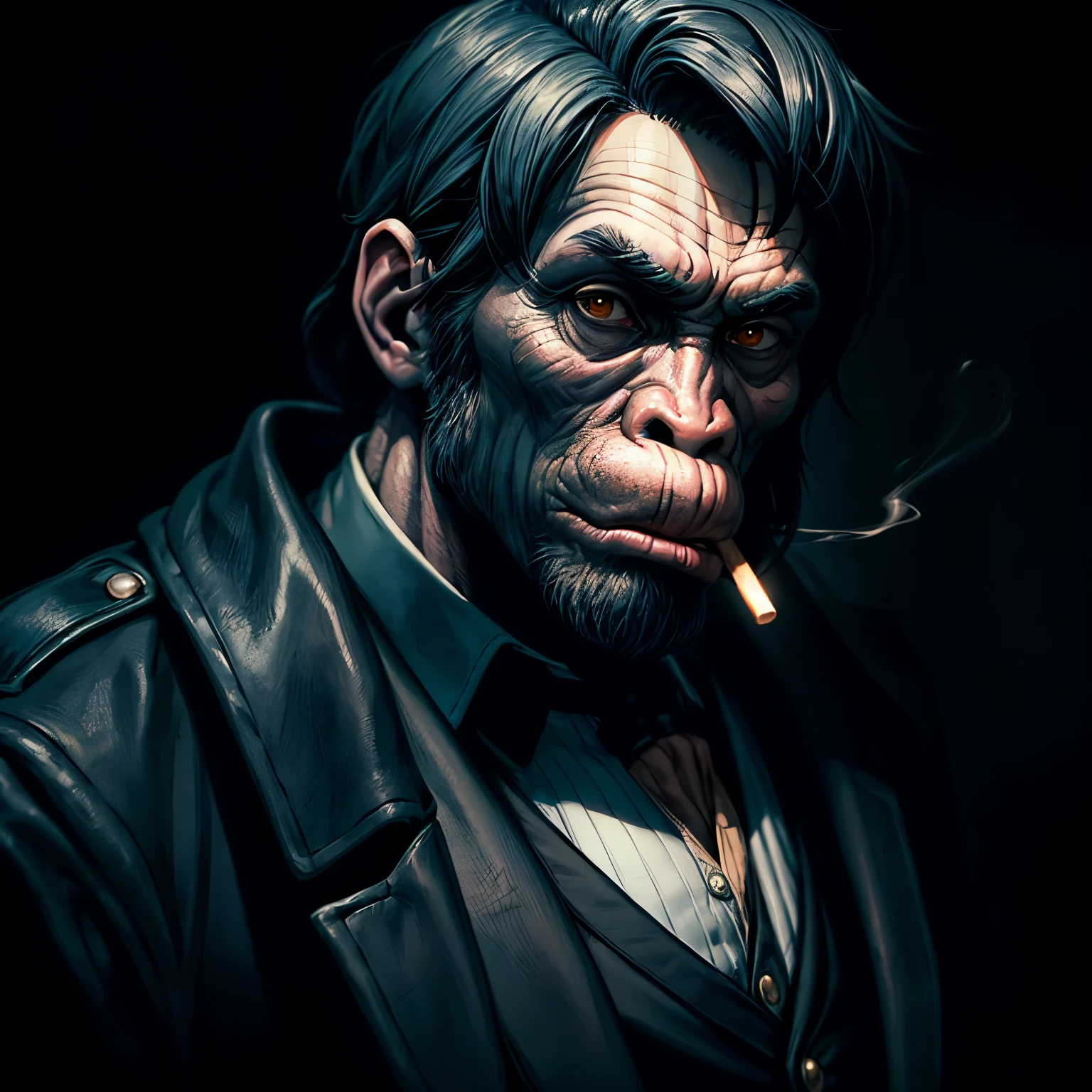 portrait of a chimpanzee face with a sly expression, holding a cigarette in its mouth, dressed as a member of the Peaky Blinders, in elegant clothing characteristic of the time, in an environment with a black background to emphasize style and attitude, Unreal 3D rendering Engine 5, black background, displeased