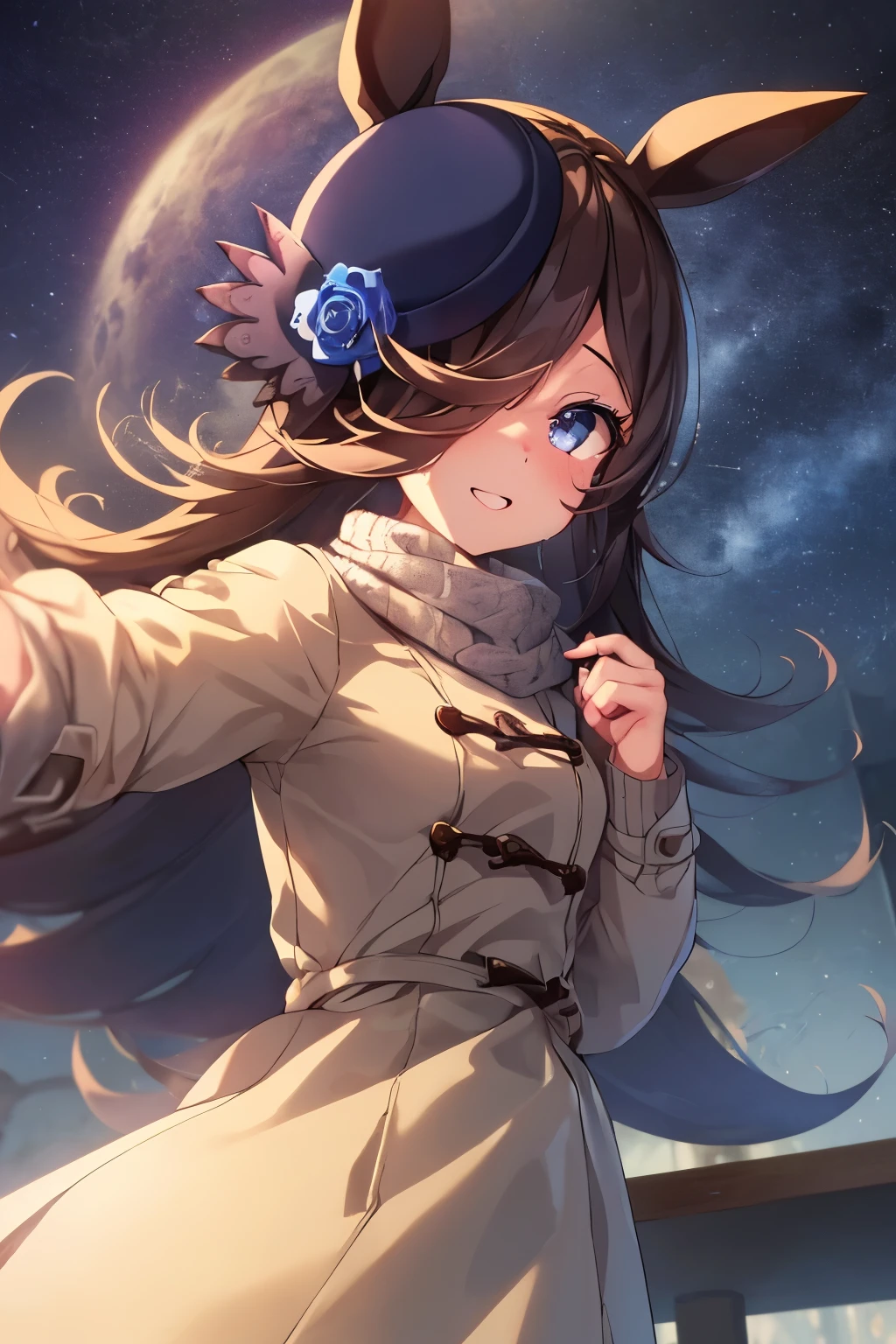 (table top.highest quality).(dynamic angle). (CG painting with very impressive details),(perfect image)、solo girl、comic ?????.figure.1 girl.detailed face、perfect face.delicate face、girl in delicate winter clothes、((Brown length coat))、rough skin、black hair.length、(Umamimi girl)Umamimi girl、((beautiful blue eyes)).delicate and beautiful eyes、detailed eyes、reflected eyes、Watery eye、smile.(wearing cute winter clothes:1.3).(Scarf:0.8)、autumn sky、8k wallpaper、cowboy shot、reflected light、most detailed、Complex、delicate background、rough skin、fine skin、(super resolution)、(solo girl)