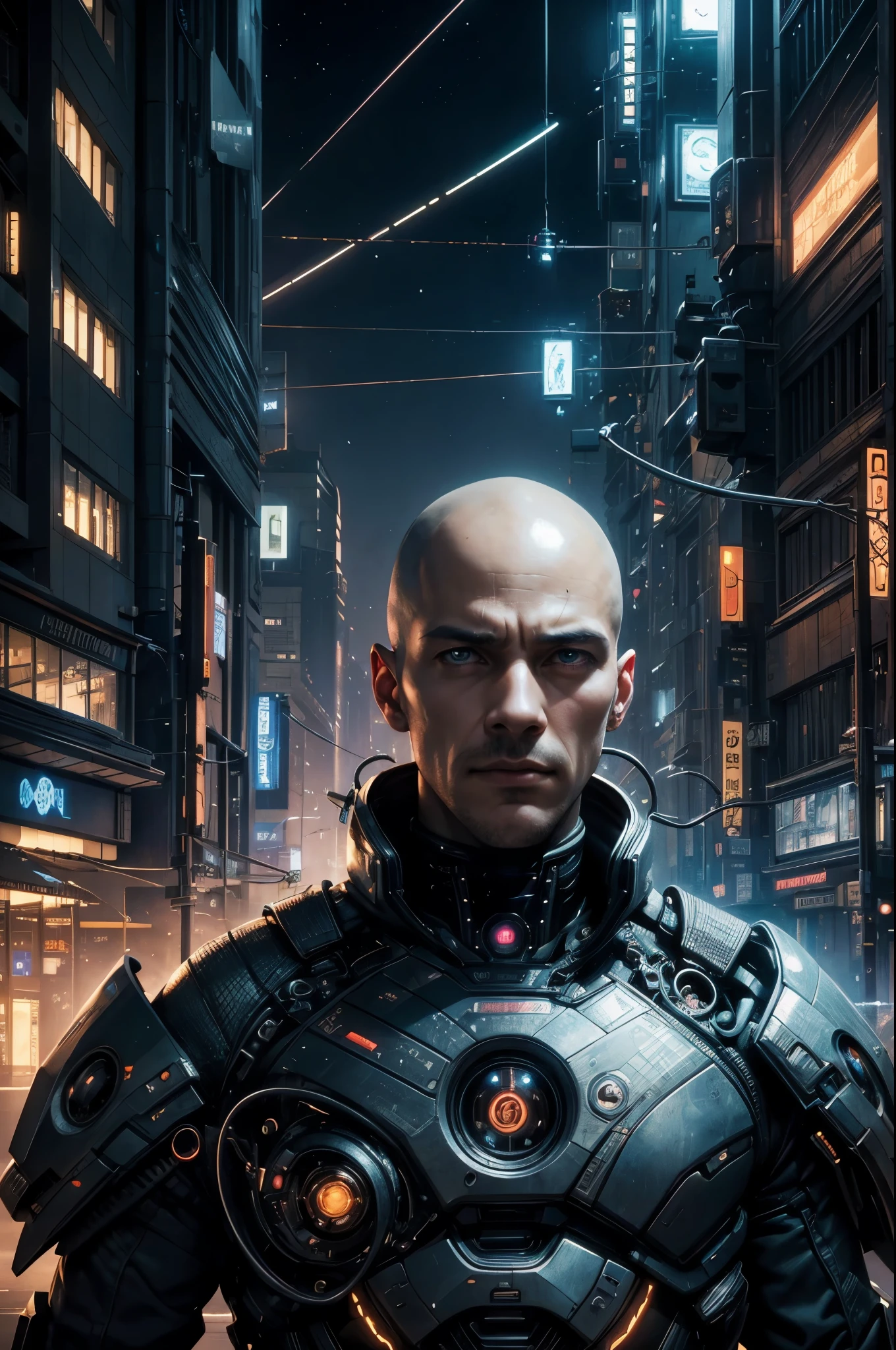 a man's head with many wires connected to the city of the future. matrix style. HD. 8k. hyperrealistic. space. Highly detailed illustration of a futuristic city background, whimsical lighting, futuristic ambiance, soft textures, imaginative artwork, ethereal glow, rule of thirds, high quality, high details, high resolution