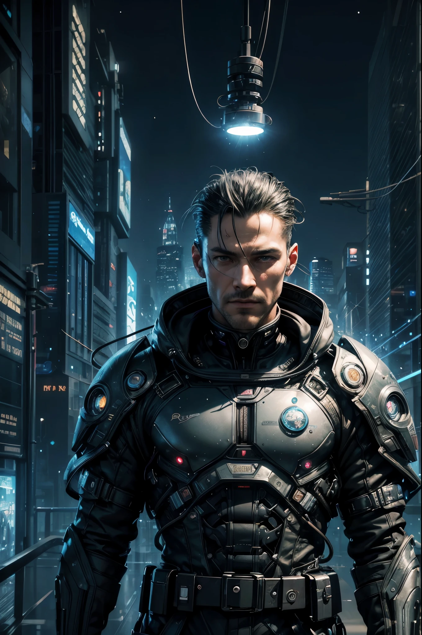 a man's head with many wires connected to the city of the future. matrix style. HD. 8k. hyperrealistic. space. Highly detailed illustration of a futuristic city background, whimsical lighting, futuristic ambiance, soft textures, imaginative artwork, ethereal glow, rule of thirds, high quality, high details, high resolution