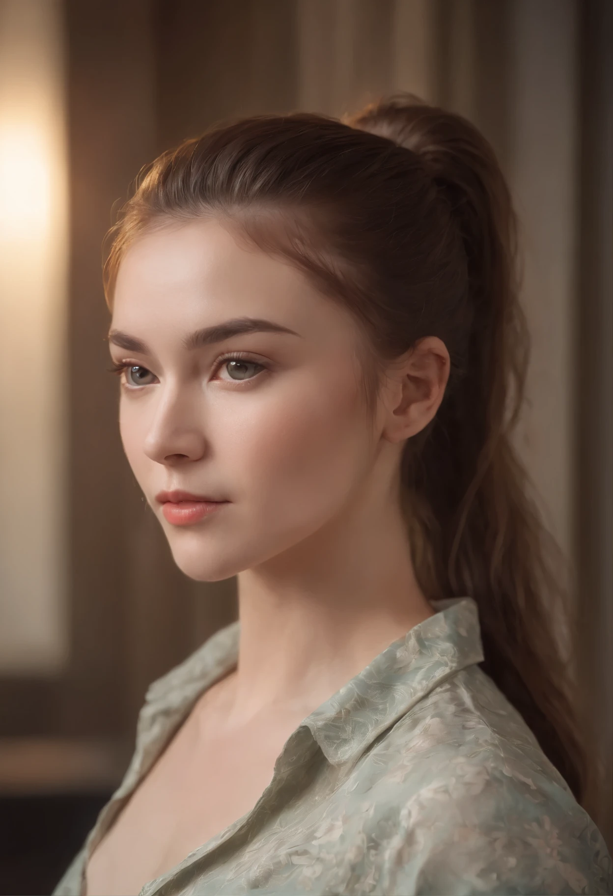 (highres,masterpiece:1.2),a woman in a shirt,looking sideways,With a ponytail,illustration,detailed features,painted style,vibrant colors,studio lighting,soft shadows