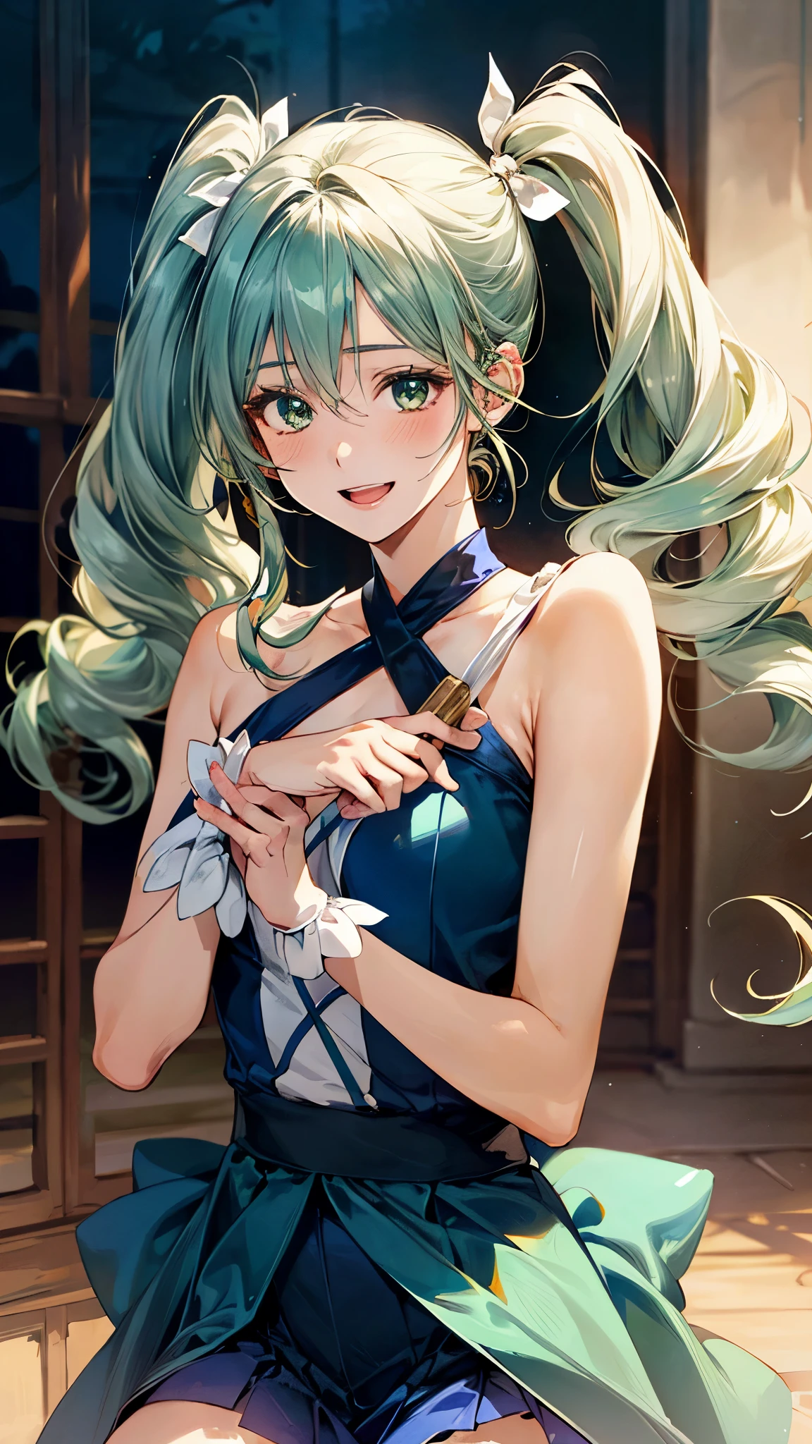((magical girl)), holding a magical stick, (masterpiece:1.3, top-quality), (realistic, photorealistic:1.4), beautiful illustration, (natural side lighting, movie lighting), depth of fields, 
looking at viewer, (face focus, upper body), 1 girl, japanese, (idol), high school girl, perfect face, cute and symmetrical face, shiny skin, 
(middle hair:1.7, twintails:1.4, light green hair, white hair ribbon), hair between eyes, emerald green eyes, long eye lasher, (large breasts: 0.9), 
beautiful hair, beautiful face, beautiful detailed eyes, beautiful clavicle, beautiful body, beautiful chest, beautiful thigh, beautiful legs, beautiful fingers, 

(beautiful scenery), evening, (fancy shop), (lovely smile, upper eyes, open mouth small), 