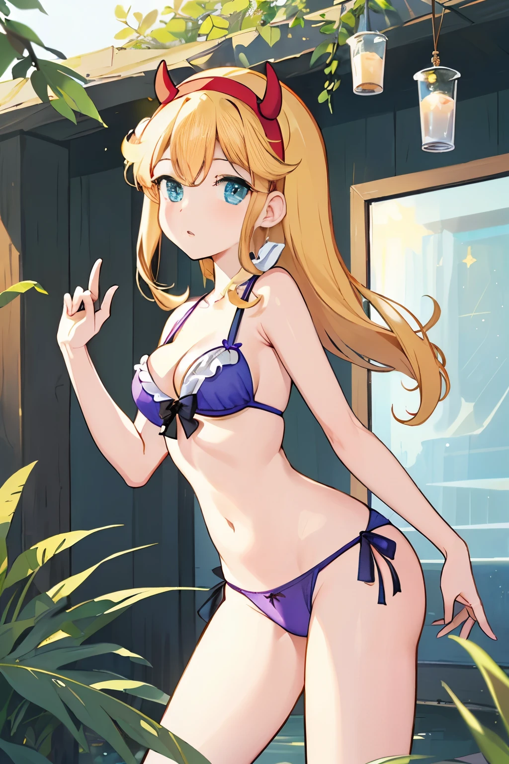 (obra-prima, melhor qualidade, high resolution: 1.4), 1girl, (( de costaaos na , peitoecendo, mamilos rosher, estrela borboleta, feliz,bikini, sexy, roupa da nuv bolsa, horn_hairband, olhando para o espectador, panthyhose