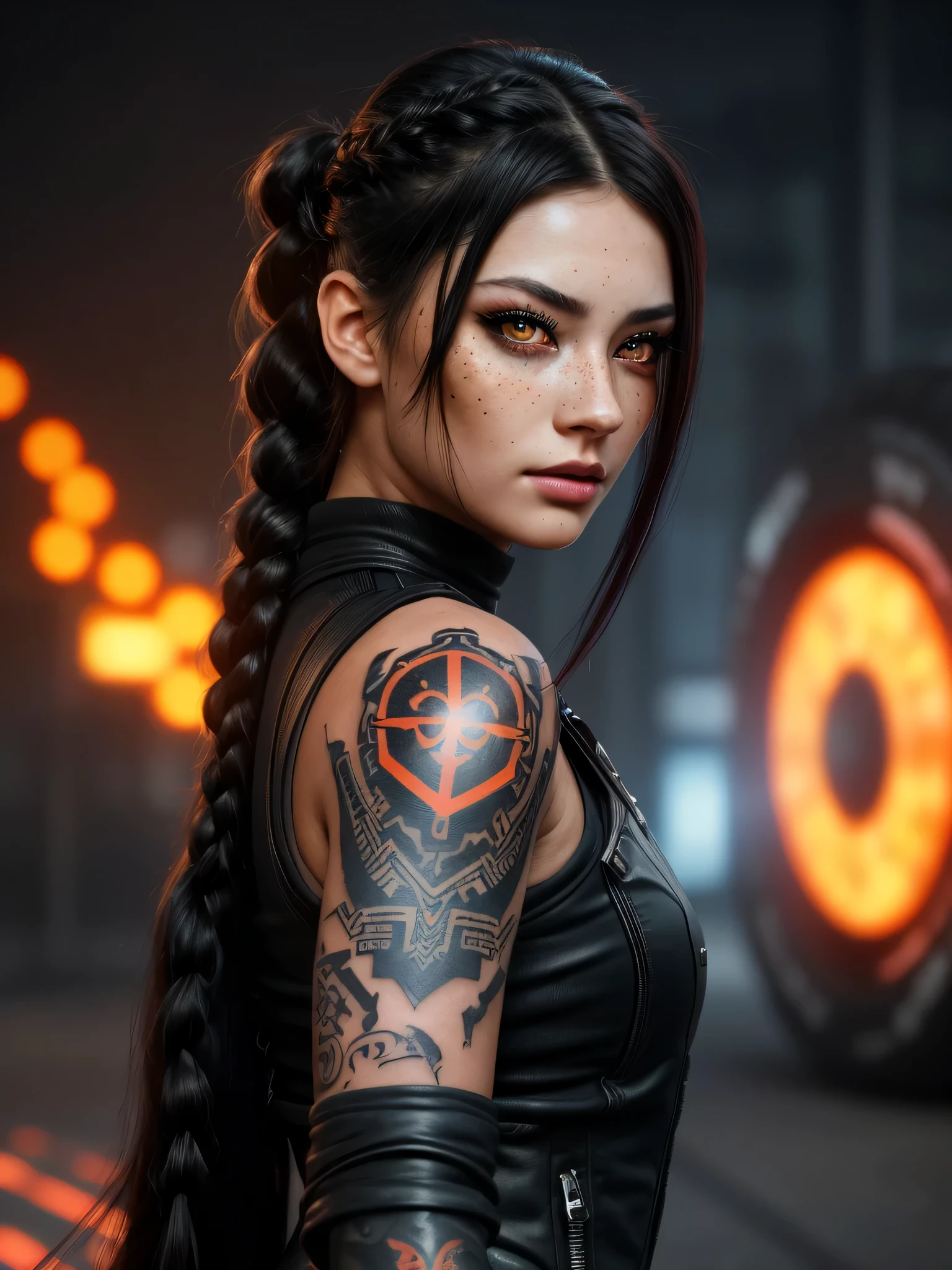 a photorealistic photo of a stunning 25 years old woman with a tattoo on her face and a long black hair, closeup side view, dynamic pose, fiery eyes, hyper realistic glowing vivid lava-colored eyes with dark-rimmed pupils, rune tattoos on the fronthead and around her eyes, focused amber eyes looking at viewer, freckles, bangs with braids, intricate eyes, beautiful cyberpunk model face, amber eyes, glowing ember eyes, glowing orange eyes, fierce eyes, markings on her face, beautiful intricate face, highres, 4k, 8k, highquality, girl, woman, suzy1, traditional art, promo art, hyper-maximalist, hyperrealistic, sharp focus, octane render, DSLR, 8k, final render