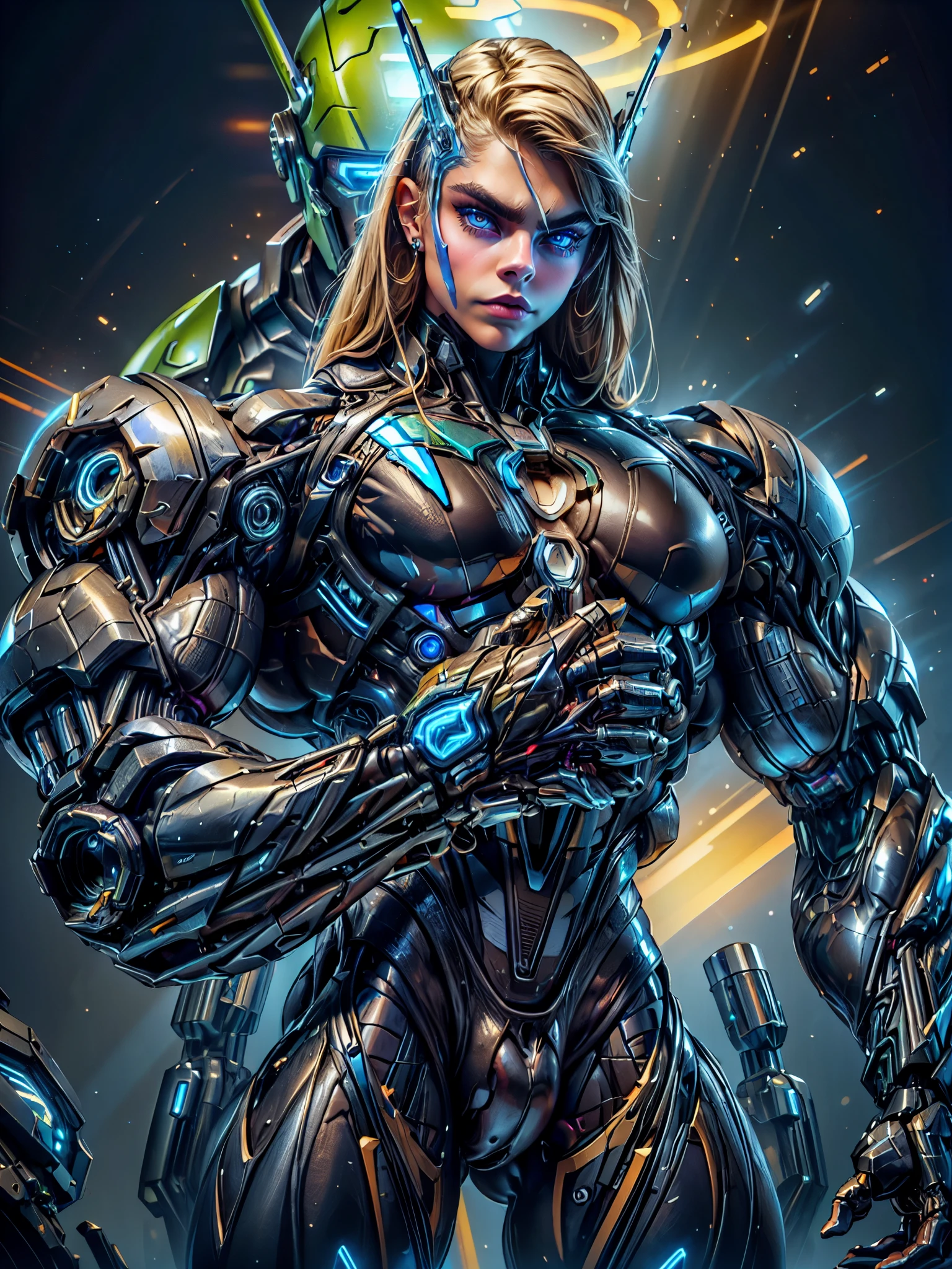 (1 girl), (cara delevingne), (muscular bodybuilder android girl wearing a tight cybernetic bodysuit :1.45), (long hair), (muscular cybernetic bodysuit), (huge oversized arms:1.25), blank background