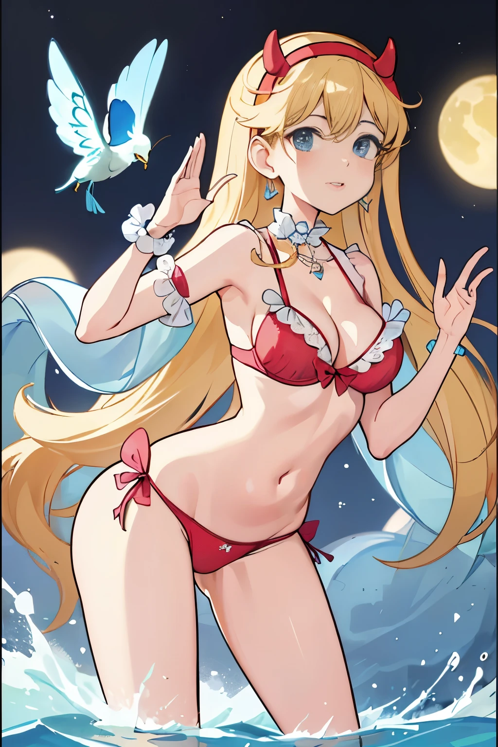 (obra-prima, melhor qualidade, high resolution: 1.4), 1girl, (( de costaaos na bunda, peitos aparecendo, mamilos rosas, mulher, estrela borboleta, feliz,bikini, sexy, roupa da nuvem, bolsa, horn_hairband, olhando para o espectador, panthyhose