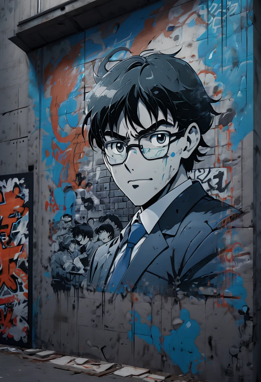 Graffiti wall from "Detective Conan", (best quality, masterpiece, Representative work, official art, Professional, Ultra intricate detailed, 8k:1.3)