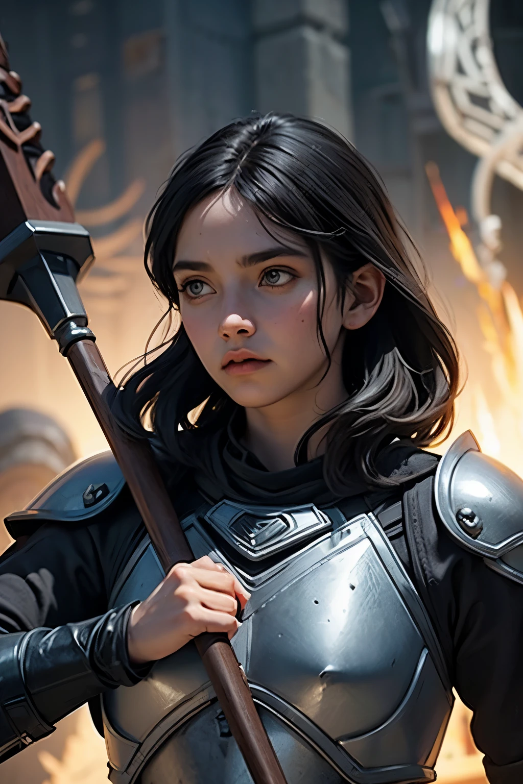 human druid woman with black hair and light grey eyes wearing leather armor and wielding a quarterstaff