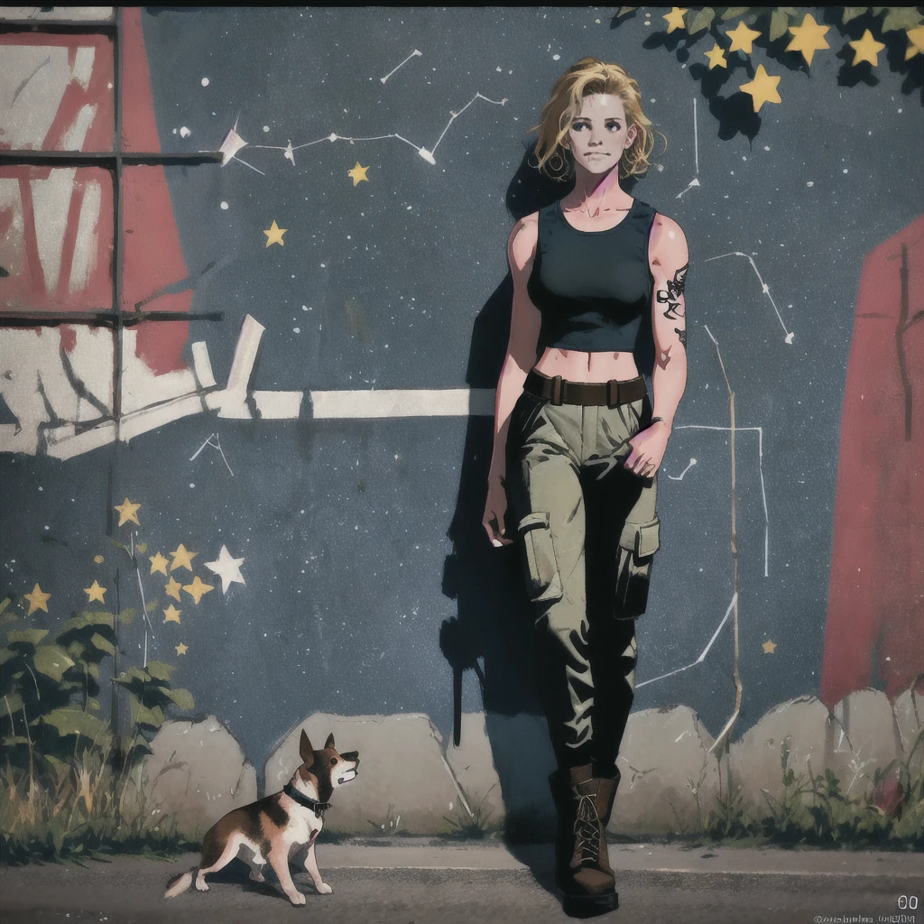 dark sci-fi, ((realistic)), ((masterpieces)), A military woman (realistic face, realistic hands) with short blond hair, adorned in a shoulderless top and long cargo pants that are tightly fitted to her athletic figure. Her skin is bronzed from hours spent training in the sun, and her arms are covered in a variety of tattoos that tell stories of her life and experiences. She wears military boots that click against the concrete as she confidently strides down the street. The low walls along the way are scrawled with colorfull graffiti, some political, some artistic, but she pays them no mind as she has seen it all before. A small dog, likely a stray, looks up at her curiously as she passes by. The sky above is filled with stars and constellations that are unfamiliar to her, as she has spent most of her life on foreign soil. Despite this, she carries herself with an air of pride and determination that speaks volumes about her character and the life she has chosen. comic book style, jim leestreet graffiti on wall. 8k, raw photo, film grain