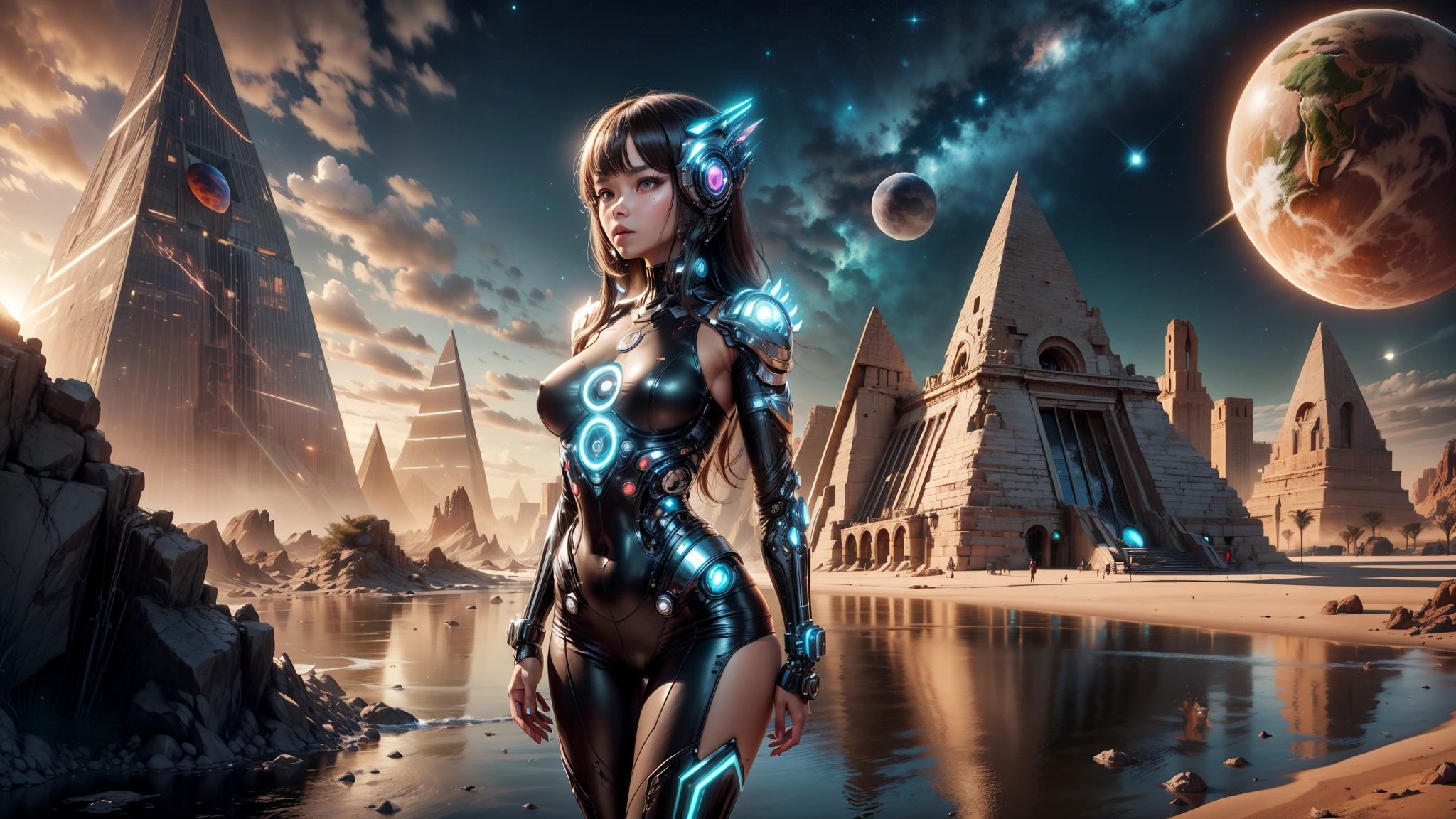 "((Techno-chic girl)) in Egypt Cyberstyle attire, surrounded by a surreal space landscape with fantastic planets, bathed in the cosmic glow of the golden hour, ((cybernetic elements)), ((rule of thirds)), ((futuristic masterpiece)), detailed, (best quality)