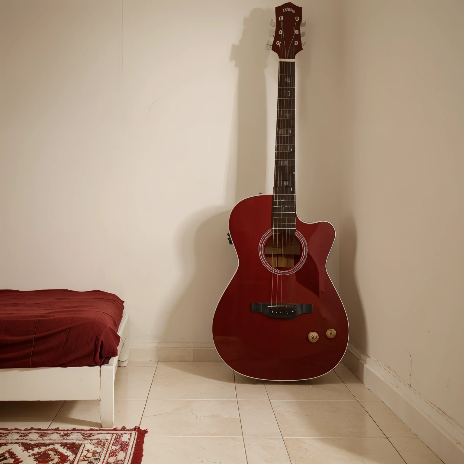 Guitar in a house beside a red color bed corner,white wall, tiles floor,indian village