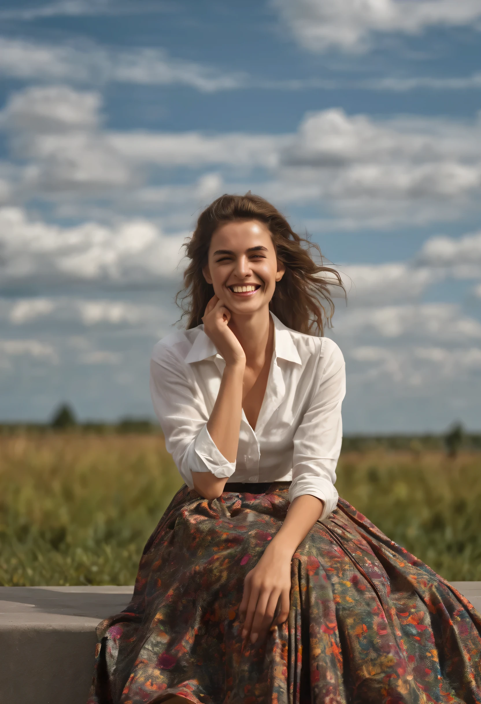 A smiling, authentic, (shy:1,3), kind, beautiful woman, is passionately in love with her skirt, sitting down on the gound while wind lifts her skirt, wearing short blazer and very very detailed (long (fully pleated) full circle skirt) and (low heeled court shoes), very very intricate hyper-detailed symmetric (attractive graceful young feminine face) with (sad, tired eyes and a loving smile), large breasts, full of empathy and compassion and love, (pronounced (feminine) features), (highly detailed ultra accurate realistic) hands and fingers, (windy), epic composition, highly detailed attributes, (35mm f1.4 Kodak portra 400 photograph), extremely high quality RAW photograph, highly detailed atmosphere, sci-fi, cinematic shot, dynamic lighting, 75mm, Technicolor, Panavision, cinemascope, sharp focus, fine details, 8k, HDR, realism, realistic, key visual, film still, superb cinematic color grading, depth of field