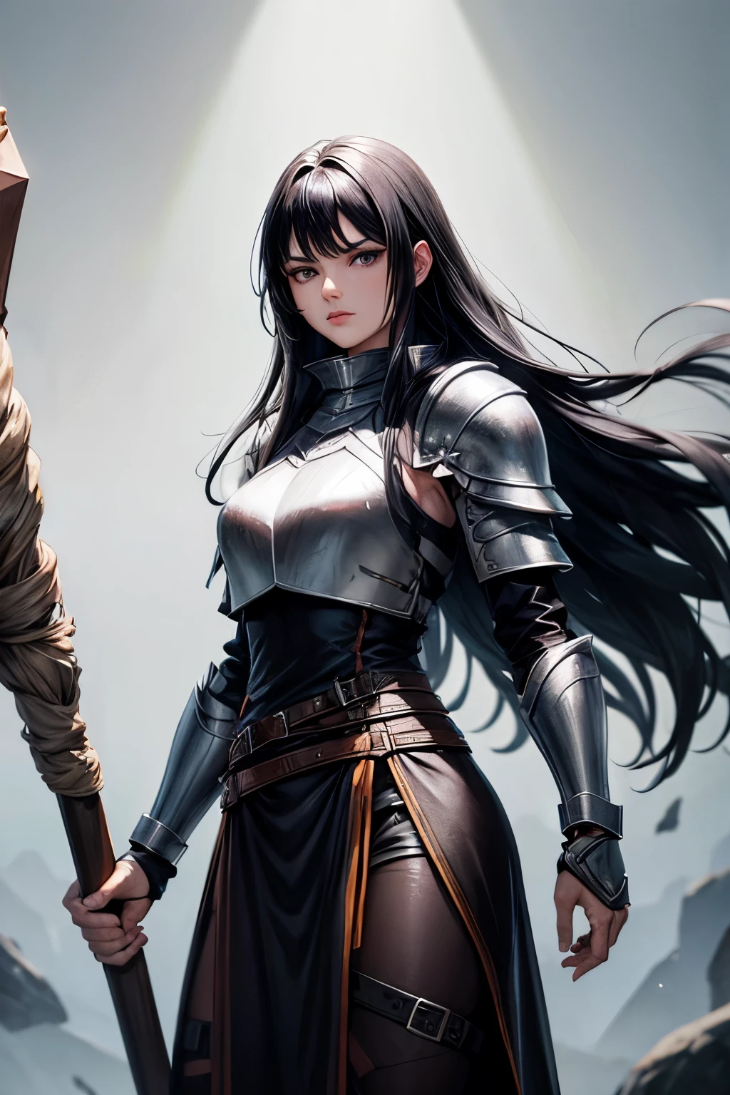 human druid woman with black hair and light grey eyes wearing leather armor and wielding a quarterstaff