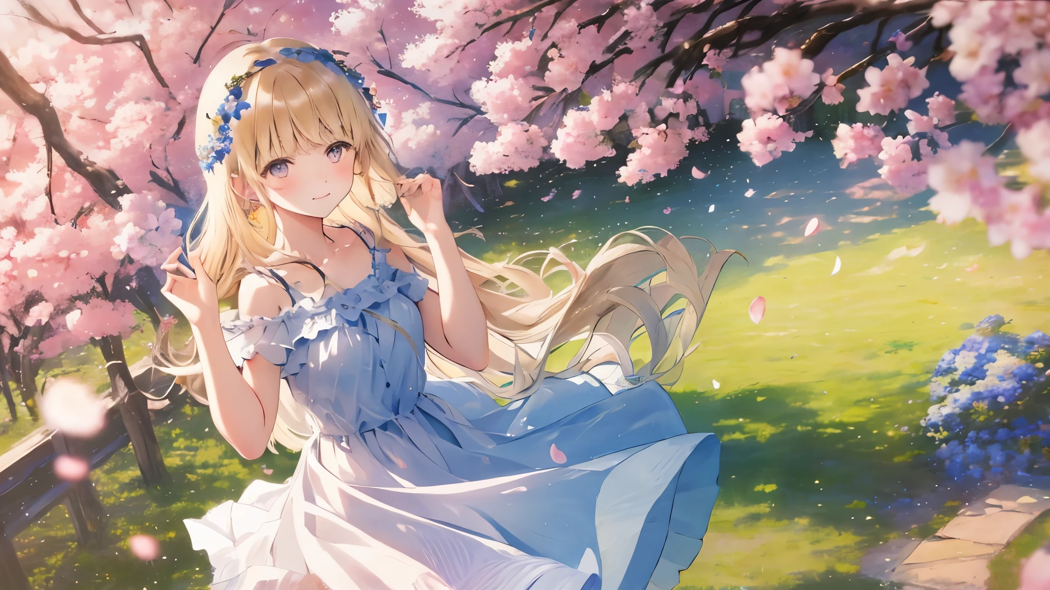 art by Cornflower, dreamy
cherry_blossoms, falling_petals, petals, branch, pink_flower, 1girl,20-year-old, blue_sky, spring_\(season\), petals_on_liquid, flower, hanami, dress,Wearing a wreath,sky, outdoors, cloud, bangs, smile, pink_eyes, White skirt with cherry blossom embellishments, bare_shoulders, earrings, holding_flower, wind, tree, looking_at_viewer,cowboy shot, caramel eyes, blonde hair
