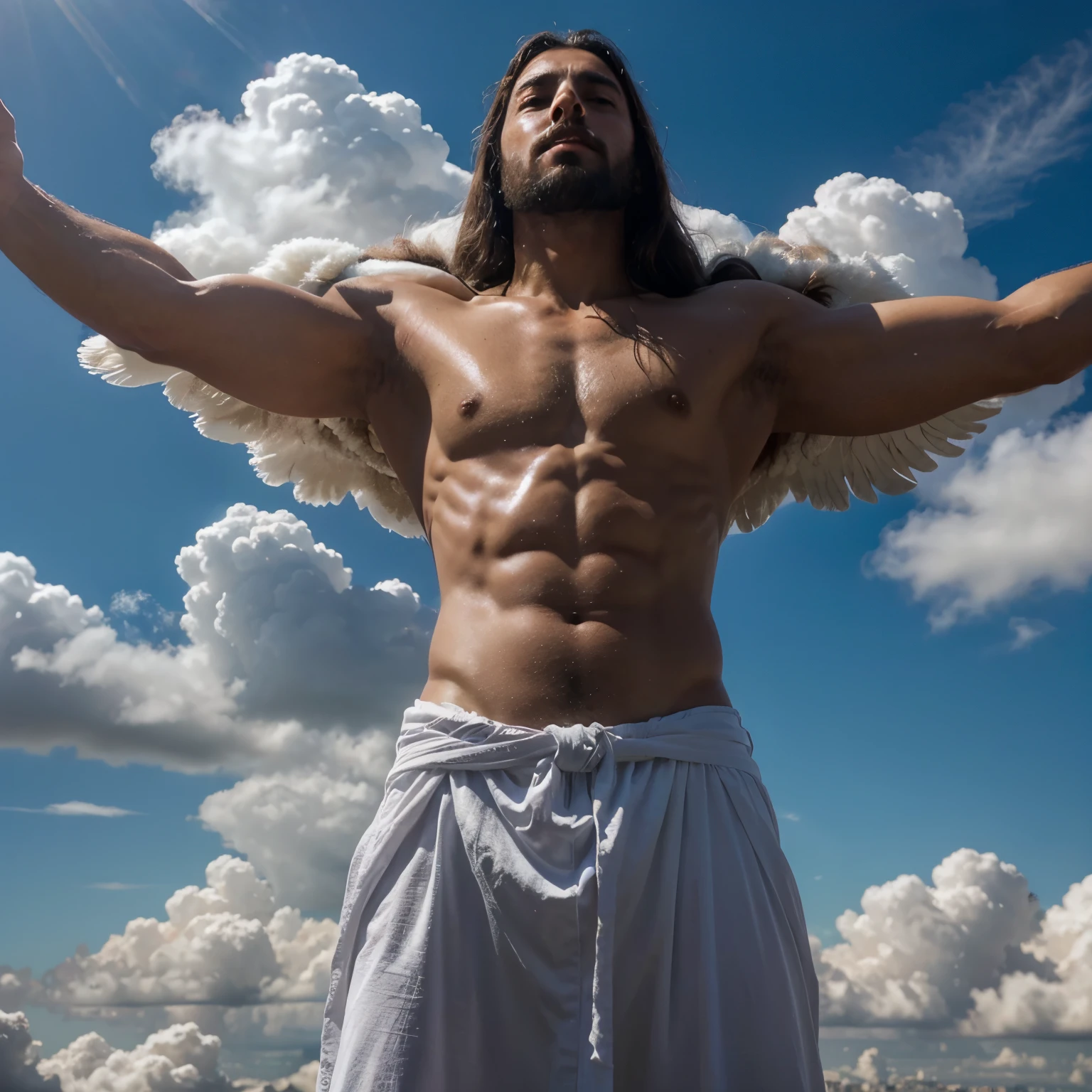 uma vista deslumbrante, Jesus among the clouds of heaven and a thousand angels around him