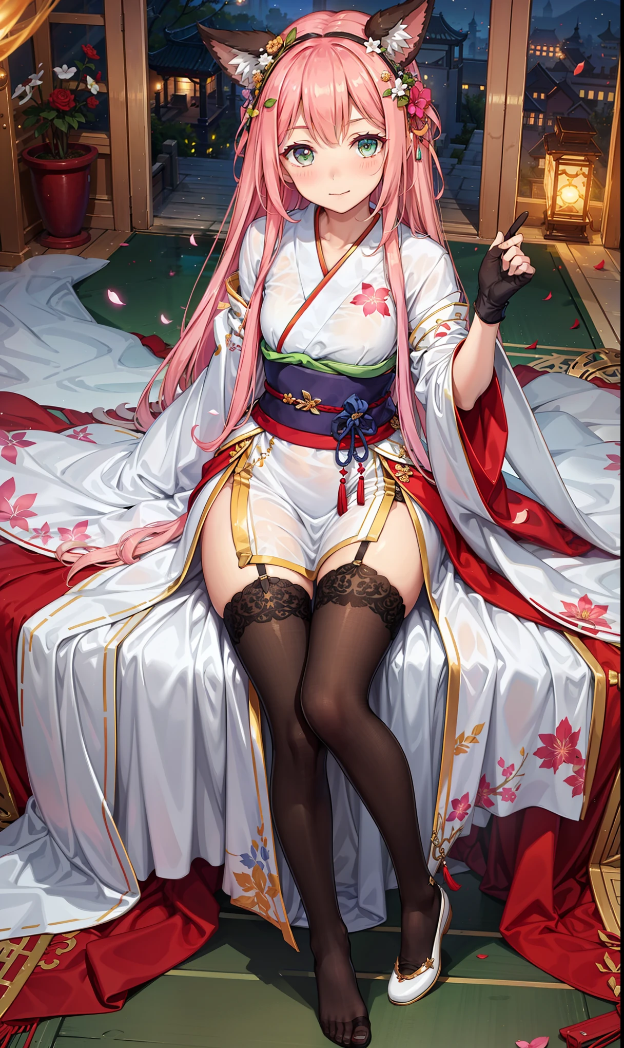 girl，charm，hapiness，gentle，in love，(Colorful Hanfu dress，long sleeves，wide sleeves，Translucent fabric)，black gloves，pink hair，green eyes，see through transparent clothes，Double tail，A small amount of headdress，Transparent lace，Engraving pattern，dress nicely，The background is an old Chinese palace，Inside the hall，elegant posture，night，(long garters:1.1），Super super details