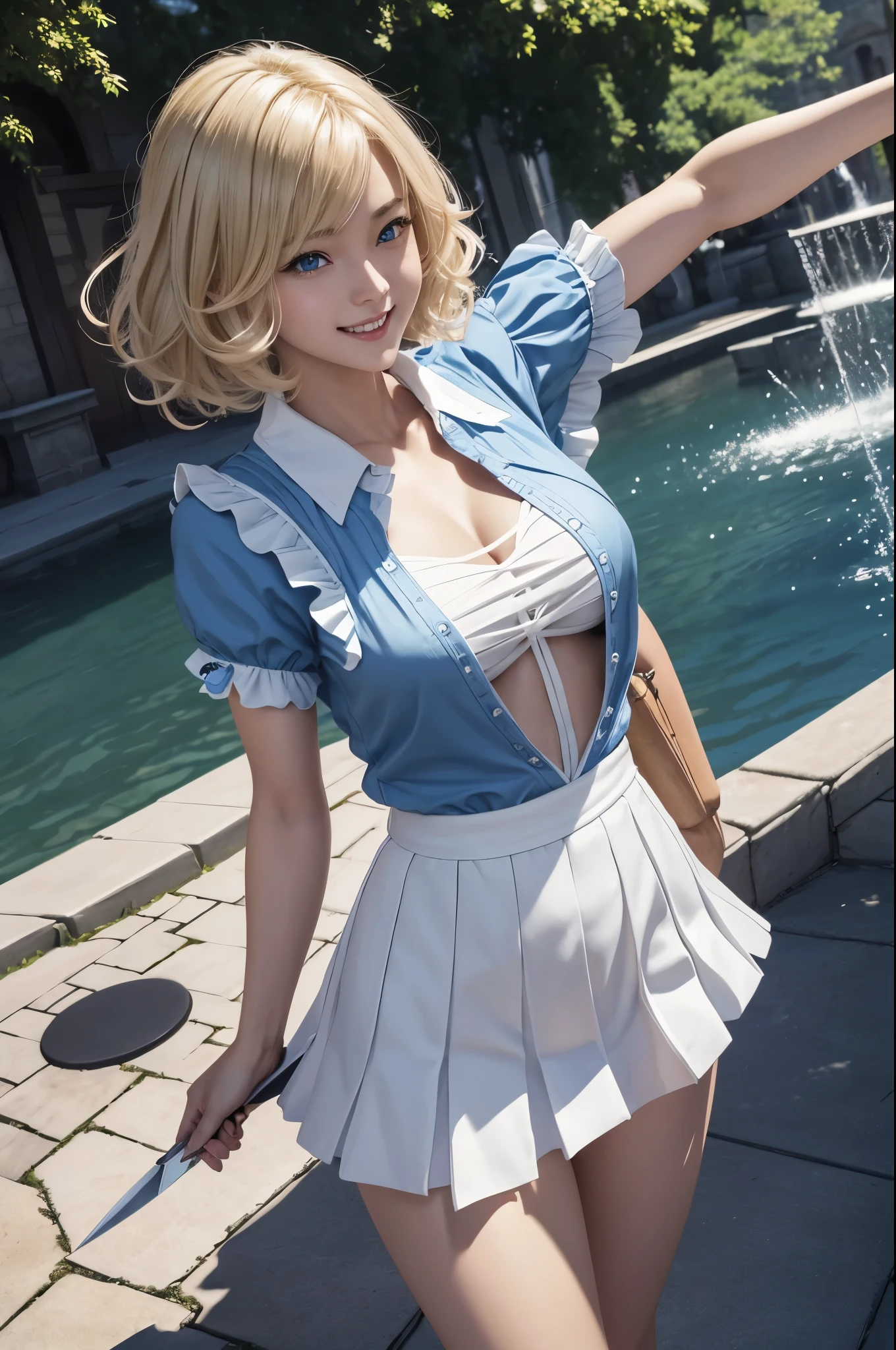 8k、A woman wearing a blue and white カジュアルな服装 is taking the photo.、smooth CG art、glossy white skin、8K high quality detailed art、Photorealistic anime girl rendering、fan art best art station、The character is in a natural pose、Beautiful and attractive receptionist woman、エレガントなlaughterのポーズ、smooth digital concept art、highly detailed characters、white shiny skacy art,character art、blonde short perm hair、slim muscular body、red and white ruffle skirt、Gari macho、超A high resolution、surreal、split blue eyes,Sexy,laughter,I have a fancy knife,masterpiece,Photorealistic RAW photos of the highest quality。Backlight, cinematic lighting, film grain, to be born, 50mm lens, Nikon D850,realistic skin,fantasy art,character art,ultra high resolution,muscular slim body,Muscular thin lower body,Stroll through the medieval town,In front of the big fountain,