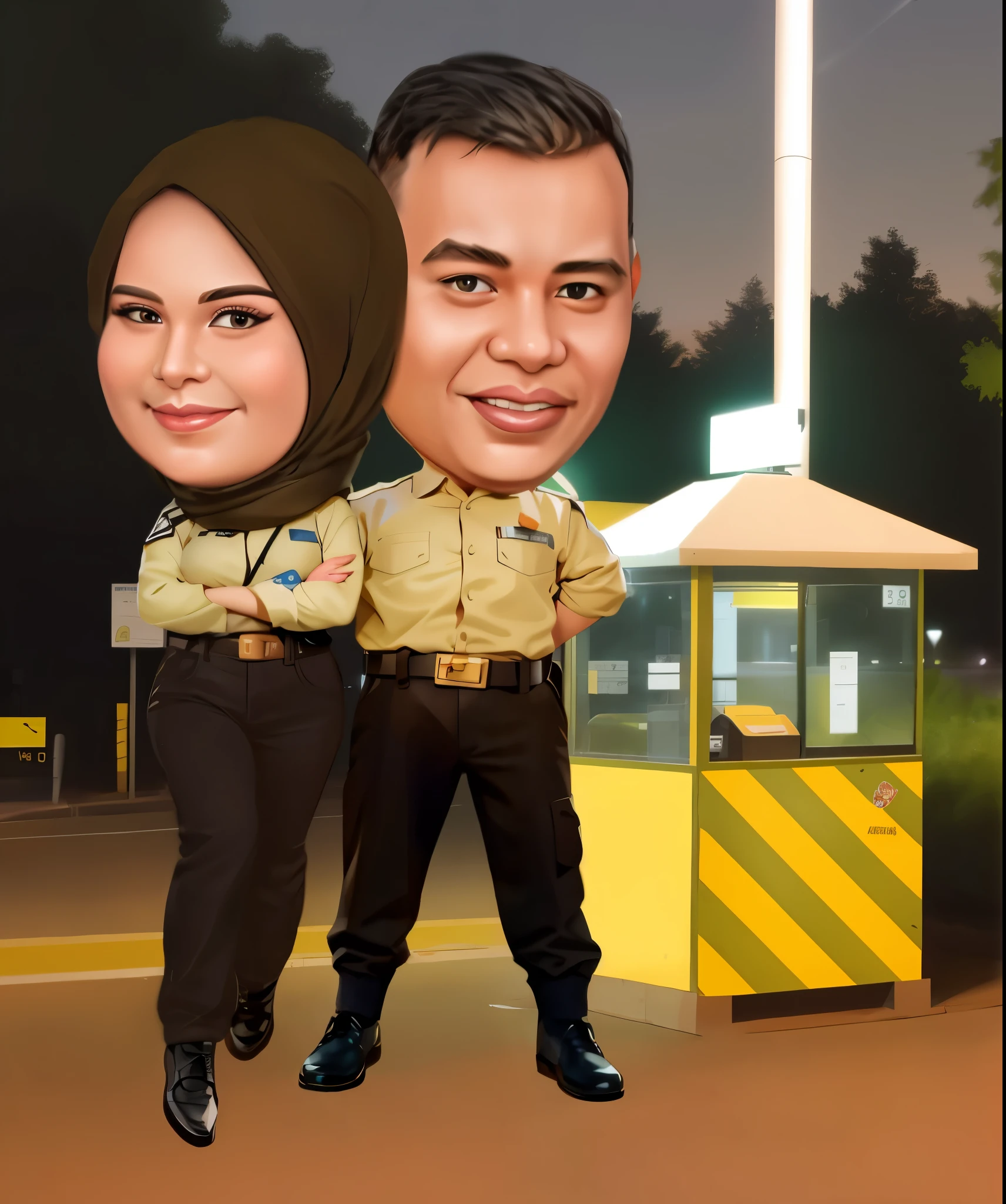 cartoon of a couple in uniform standing next to a booth, The girl's trousers are dark brown, cartoon artstyle, caricature illustration, chibi, caricature, realistic cartoon, in cartoon style, digital art cartoon, caricature style, couple, happy couple, full protrait, wpol and sarasti, caricature!!!, couple pose, scandy and arender, charicature, cartoon digital art